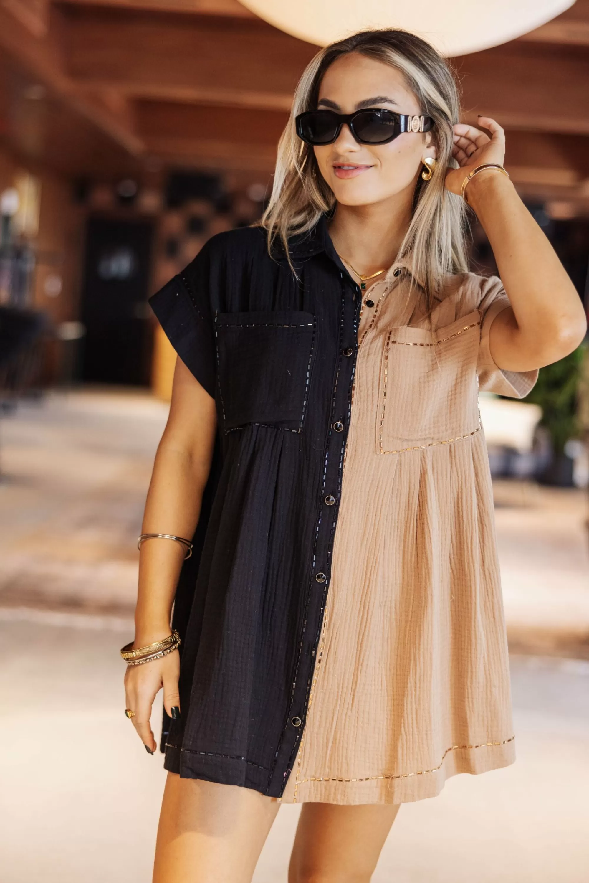 Queen Of Sparkles Black & Tan Gauze Button Down Dress