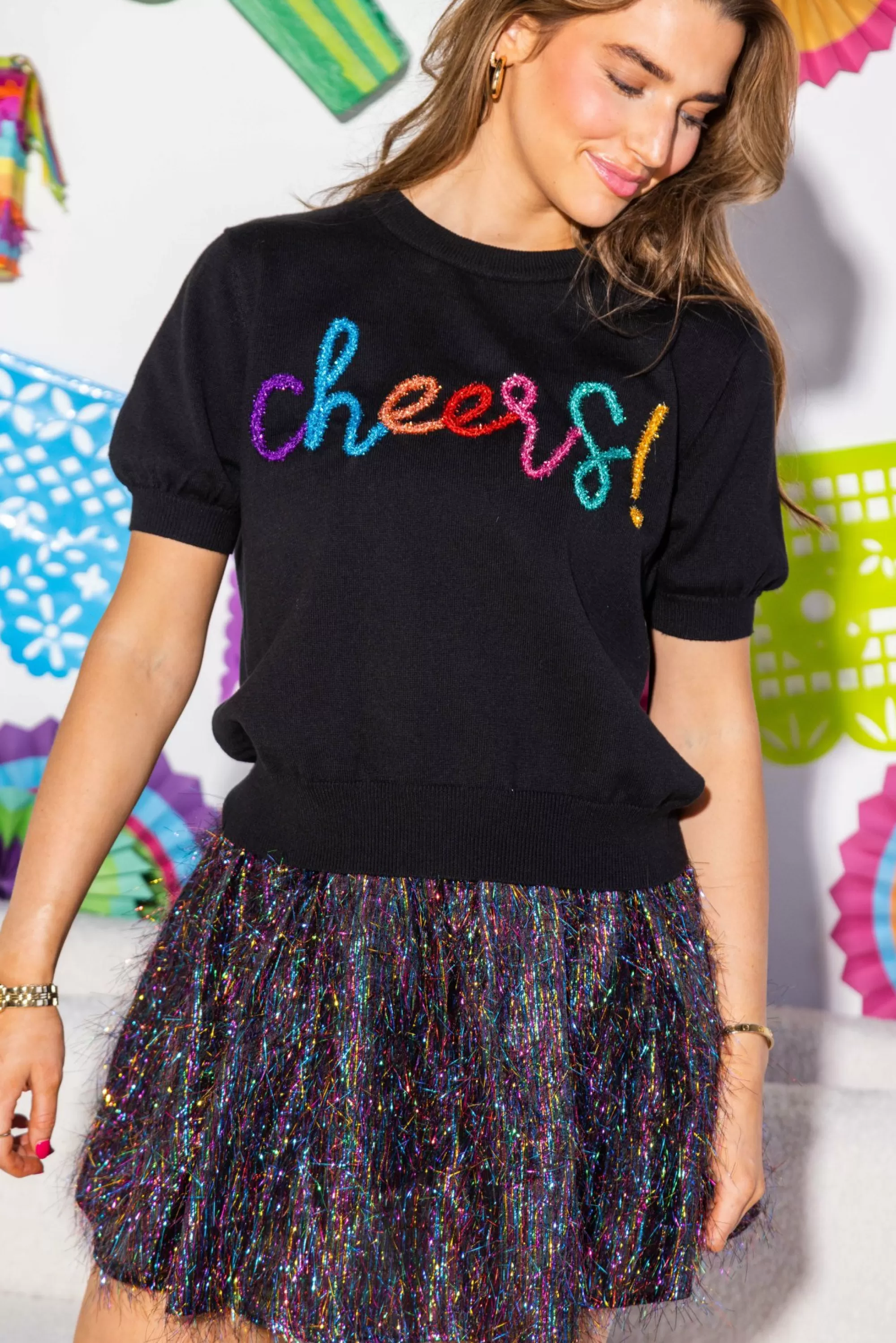 Queen Of Sparkles Black Cheers Glitter Script Short Sleeve Sweater