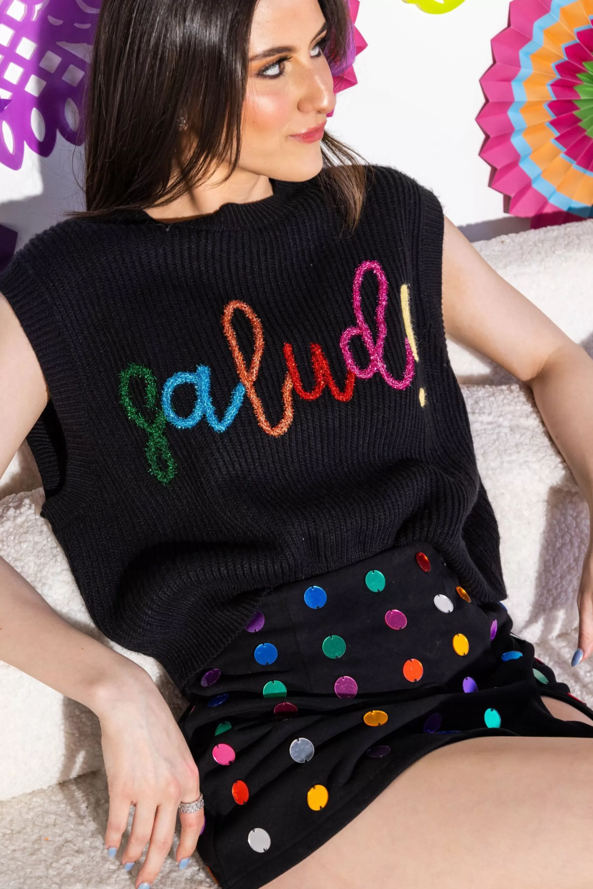 Queen Of Sparkles Black Glitter Script Salud! Sweater Tank