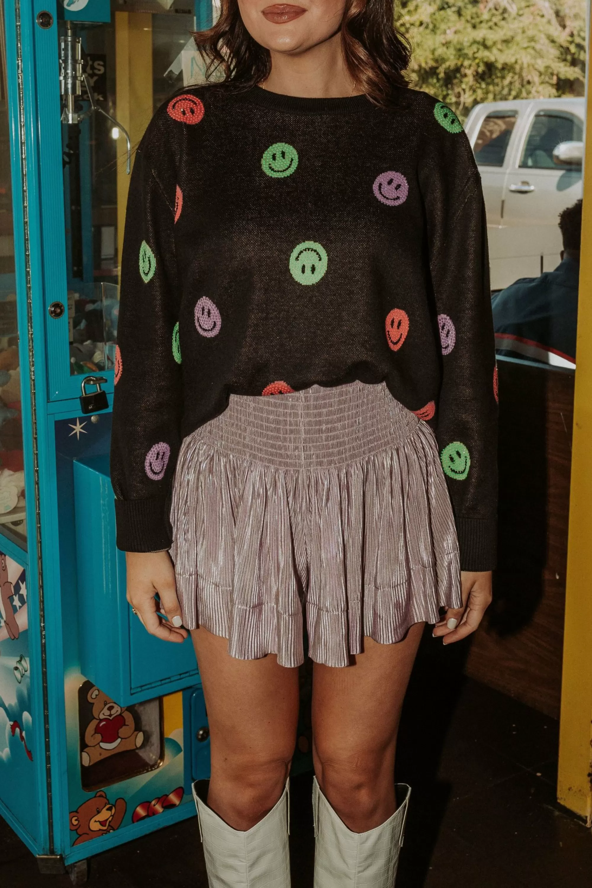 Queen Of Sparkles Black Neon Smiley Sweater