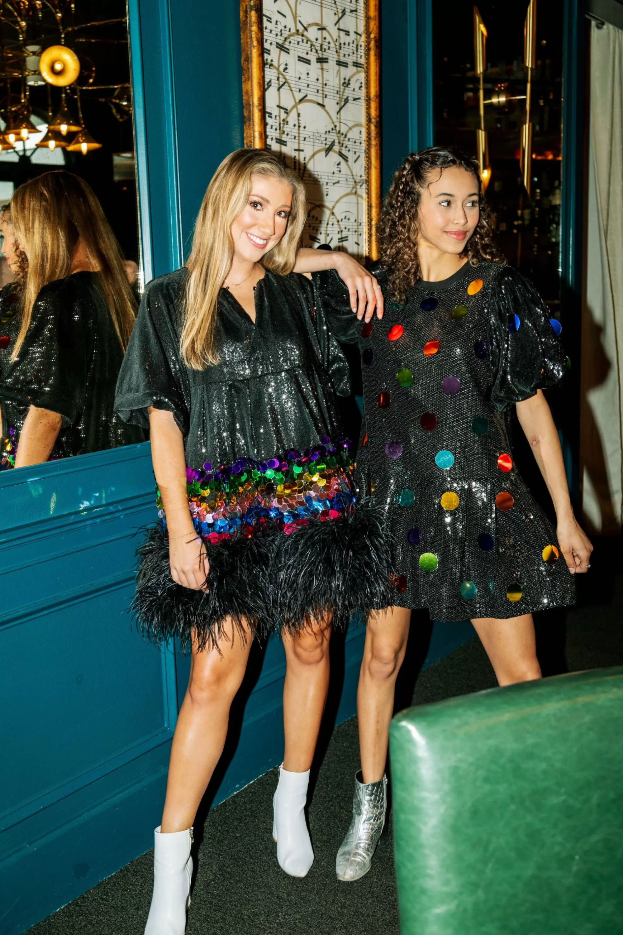 Queen Of Sparkles Black Sequin Feather Rainbow Paillette Dress