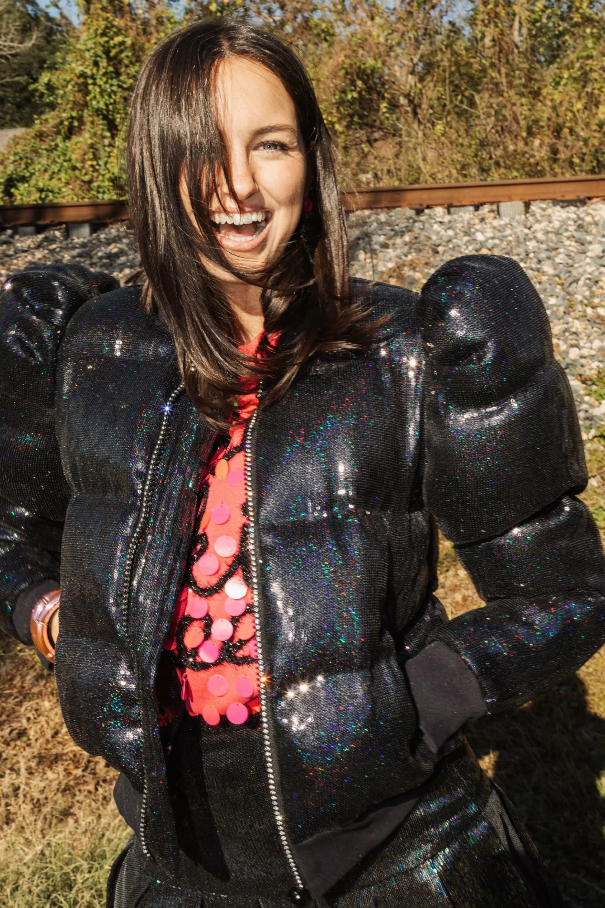 Queen Of Sparkles Black Sequin Poof Puffer Jacket