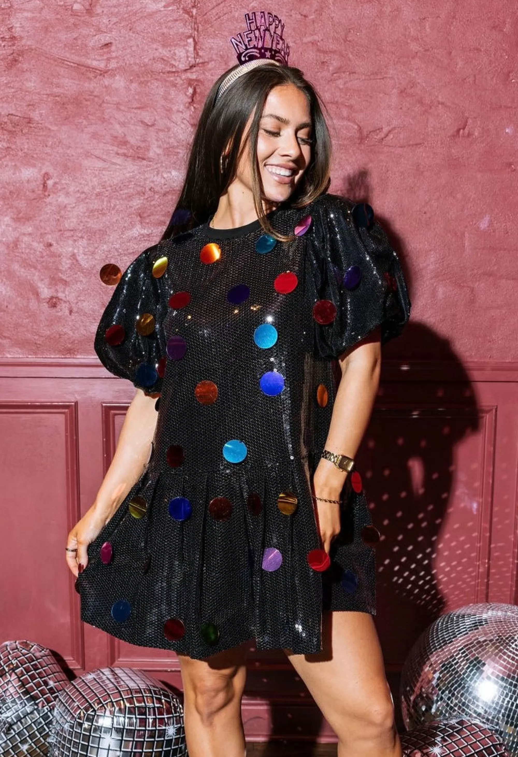 Queen Of Sparkles Black Sequin Poof Sleeve Rainbow Paillette Dress