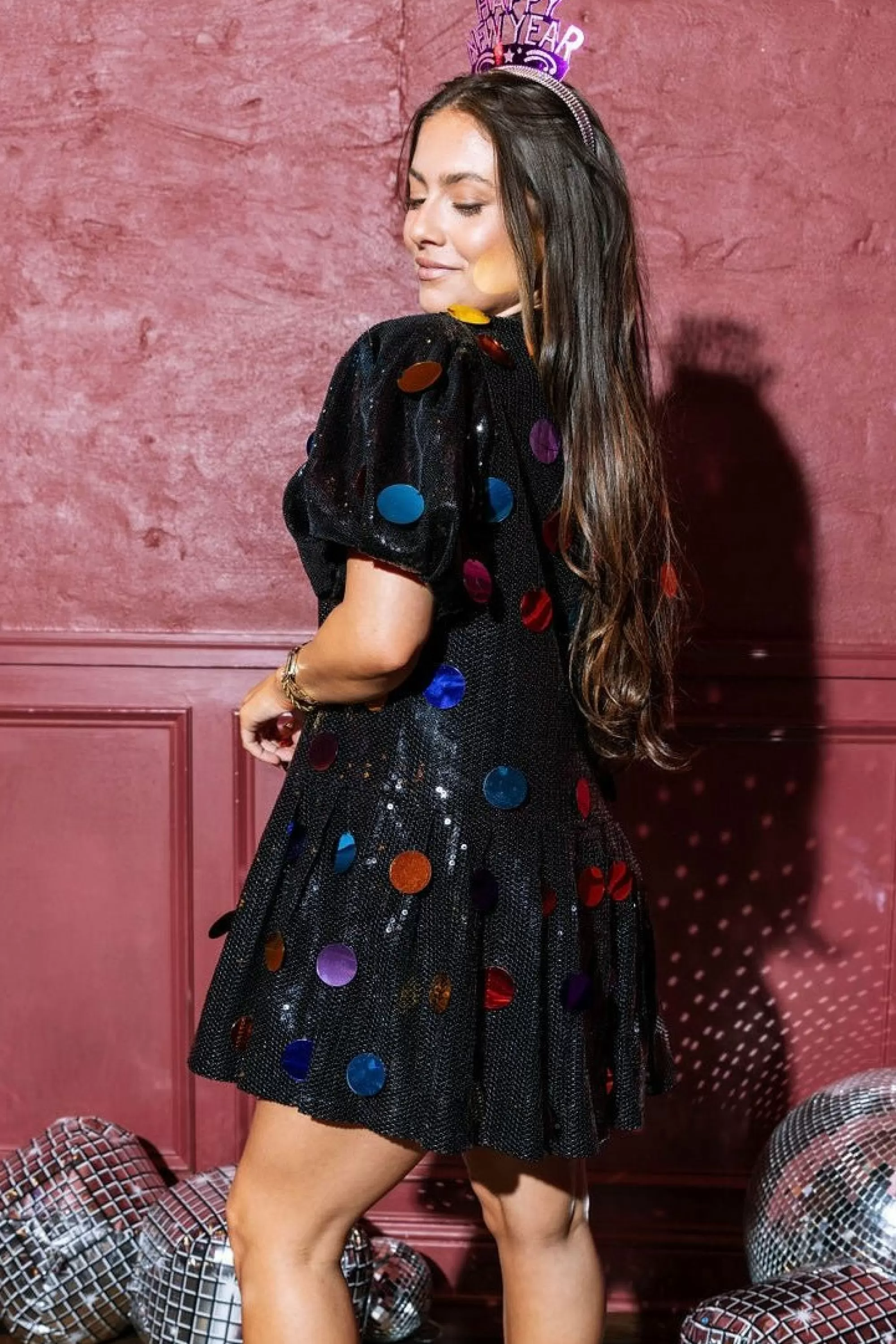 Queen Of Sparkles Black Sequin Poof Sleeve Rainbow Paillette Dress