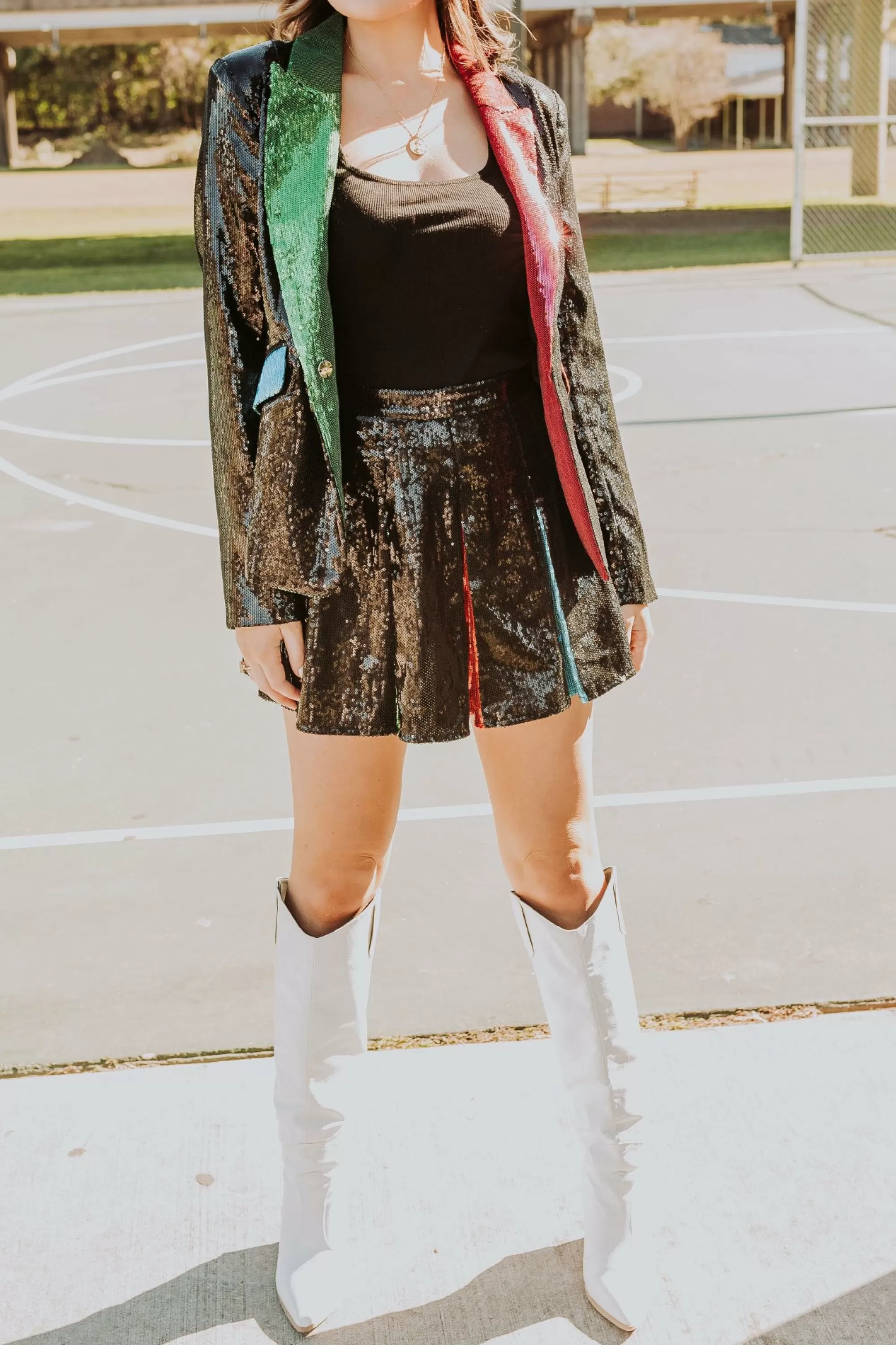 Queen Of Sparkles Black Sequin Rainbow Pleat Skort