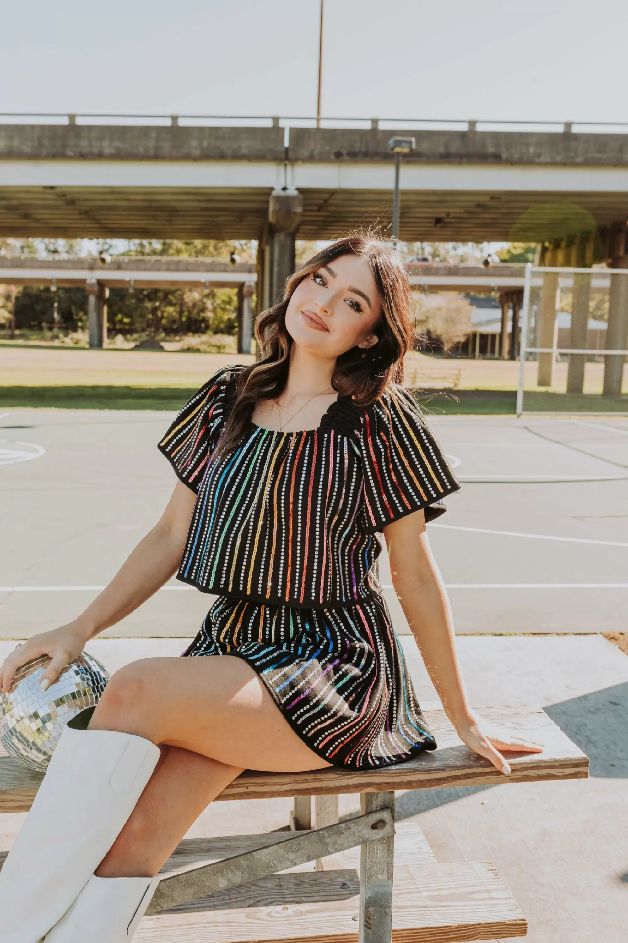 Queen Of Sparkles Black Sequin Rhinestone Stripe Flutter Top