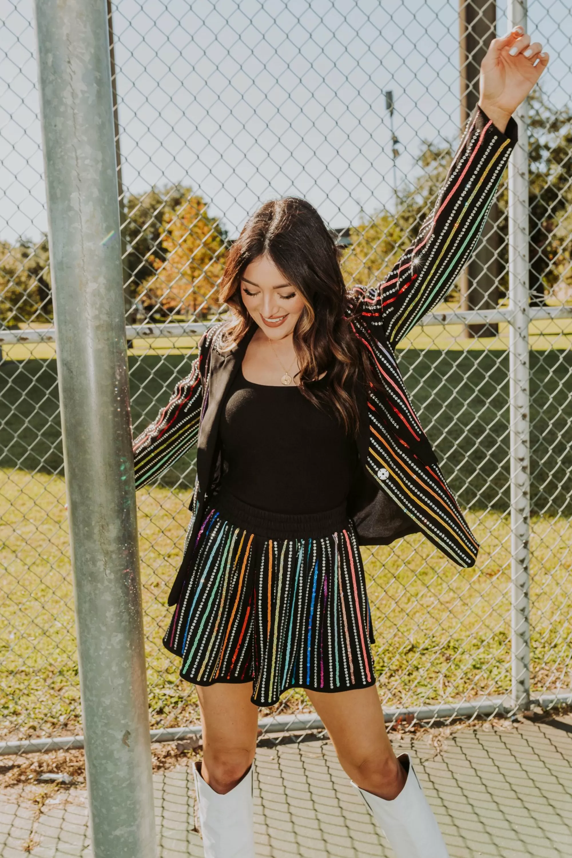 Queen Of Sparkles Black Sequin Rhinestone Stripe Swing Shorts