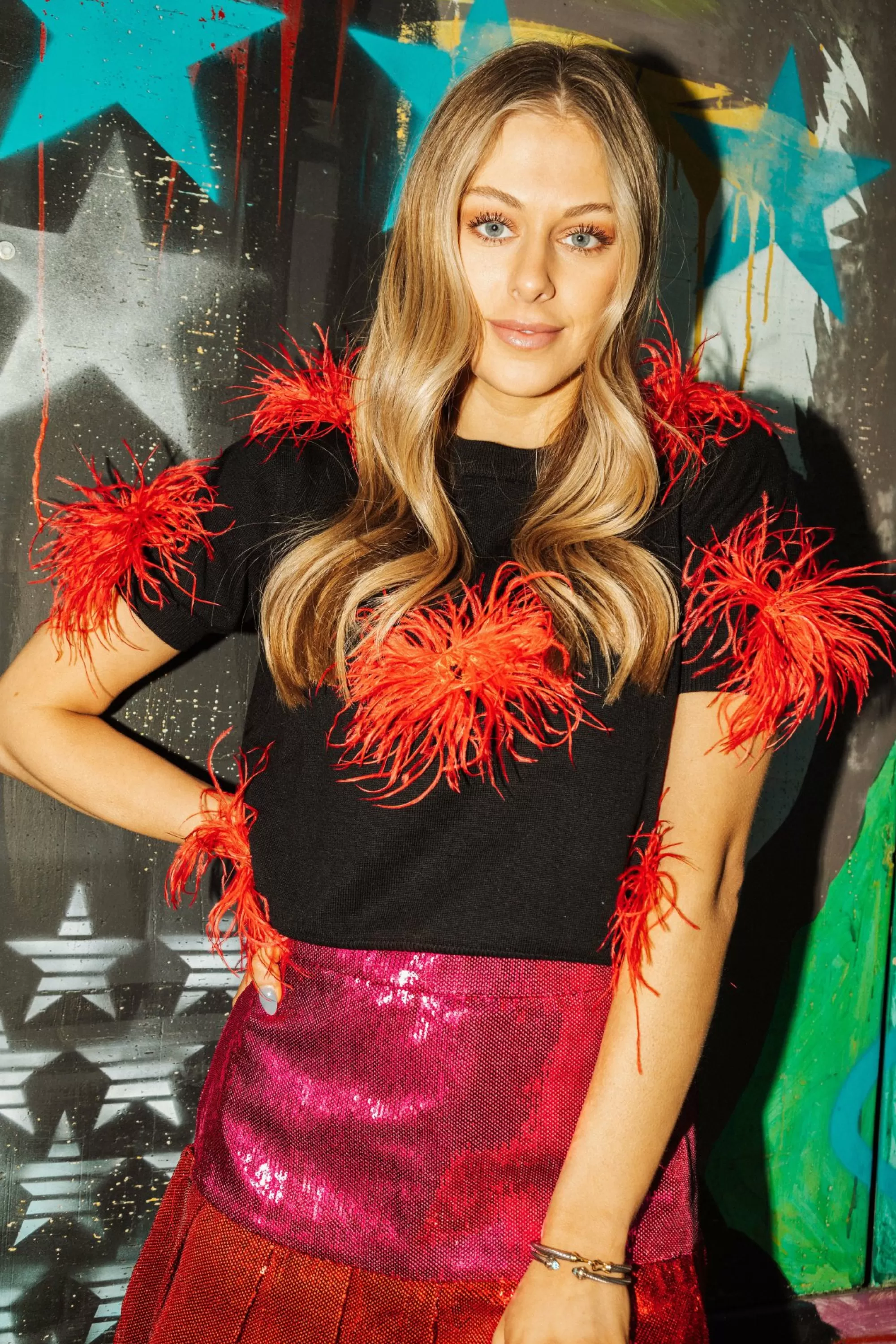 Queen Of Sparkles Black With Red Feather Sweater