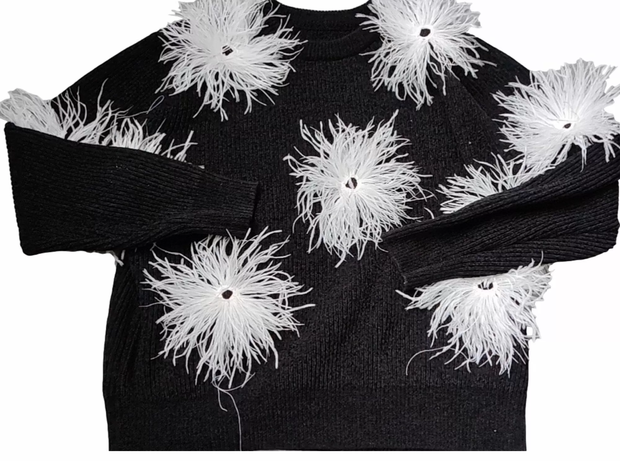 Queen Of Sparkles Black/White Oversized Chenille Feather Sweater