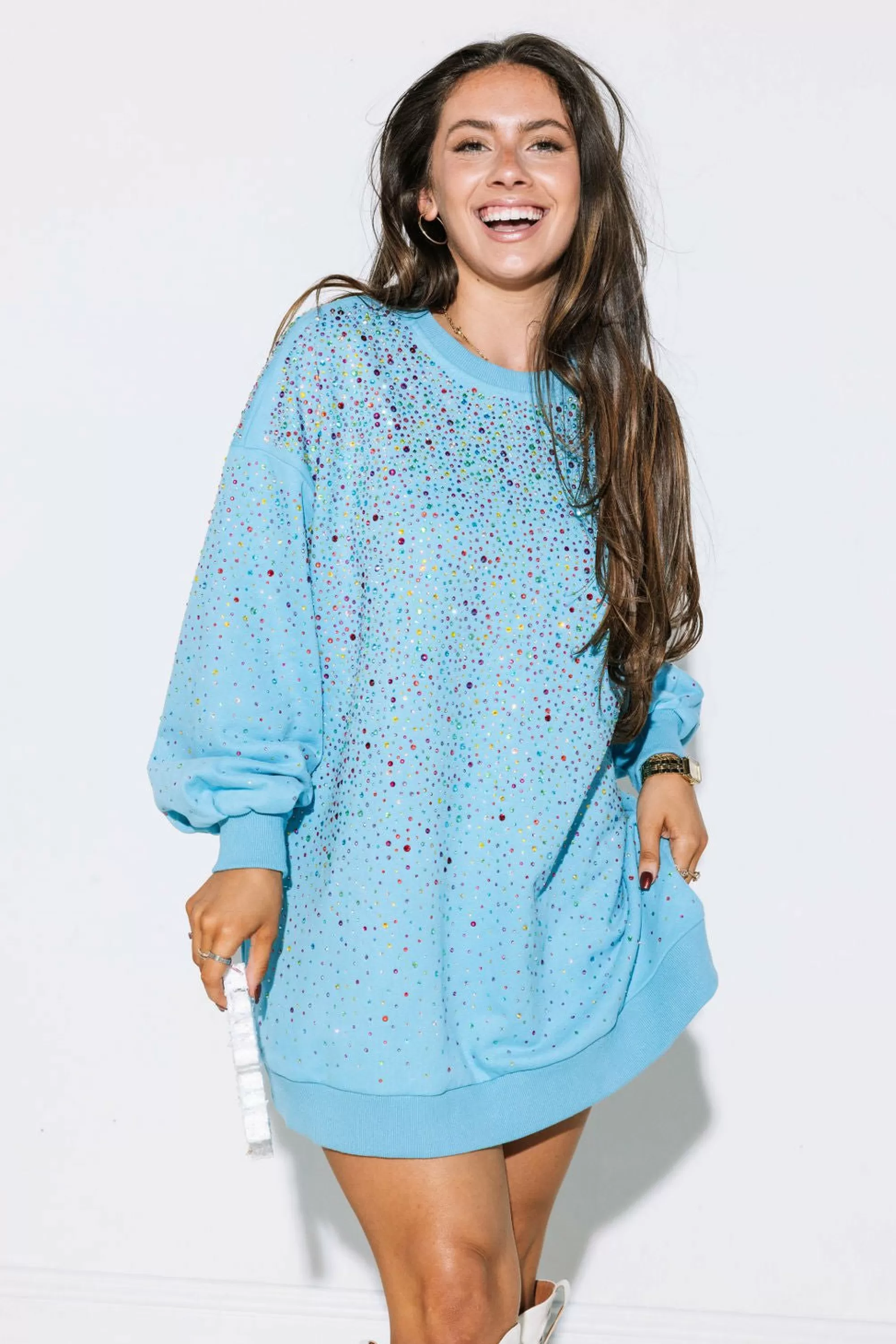 Queen Of Sparkles Blue Full Rhinestone Sweatshirt Dress