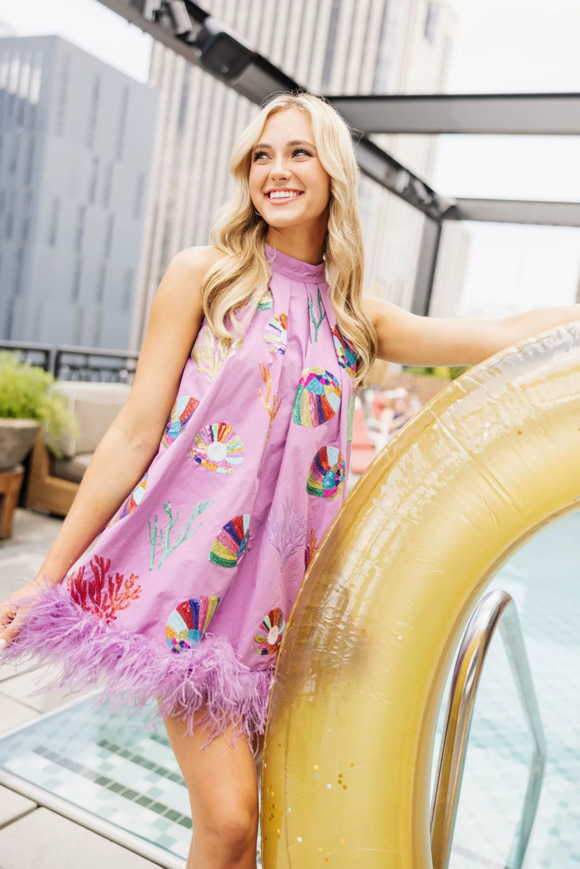 Queen Of Sparkles Coral & Shell Feather Tank Dress