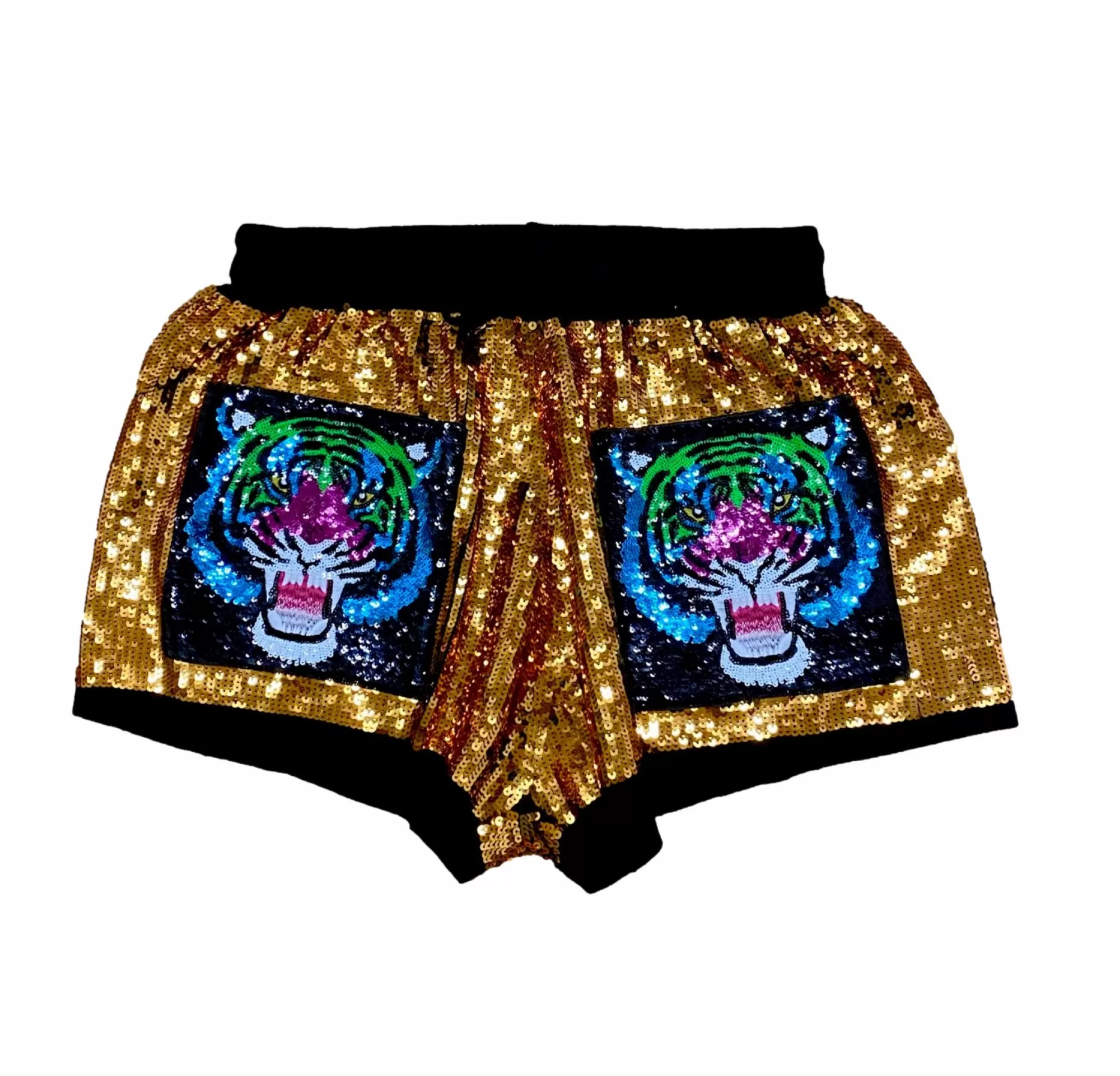 Queen Of Sparkles Gold Rainbow Tiger Sequin Shorts