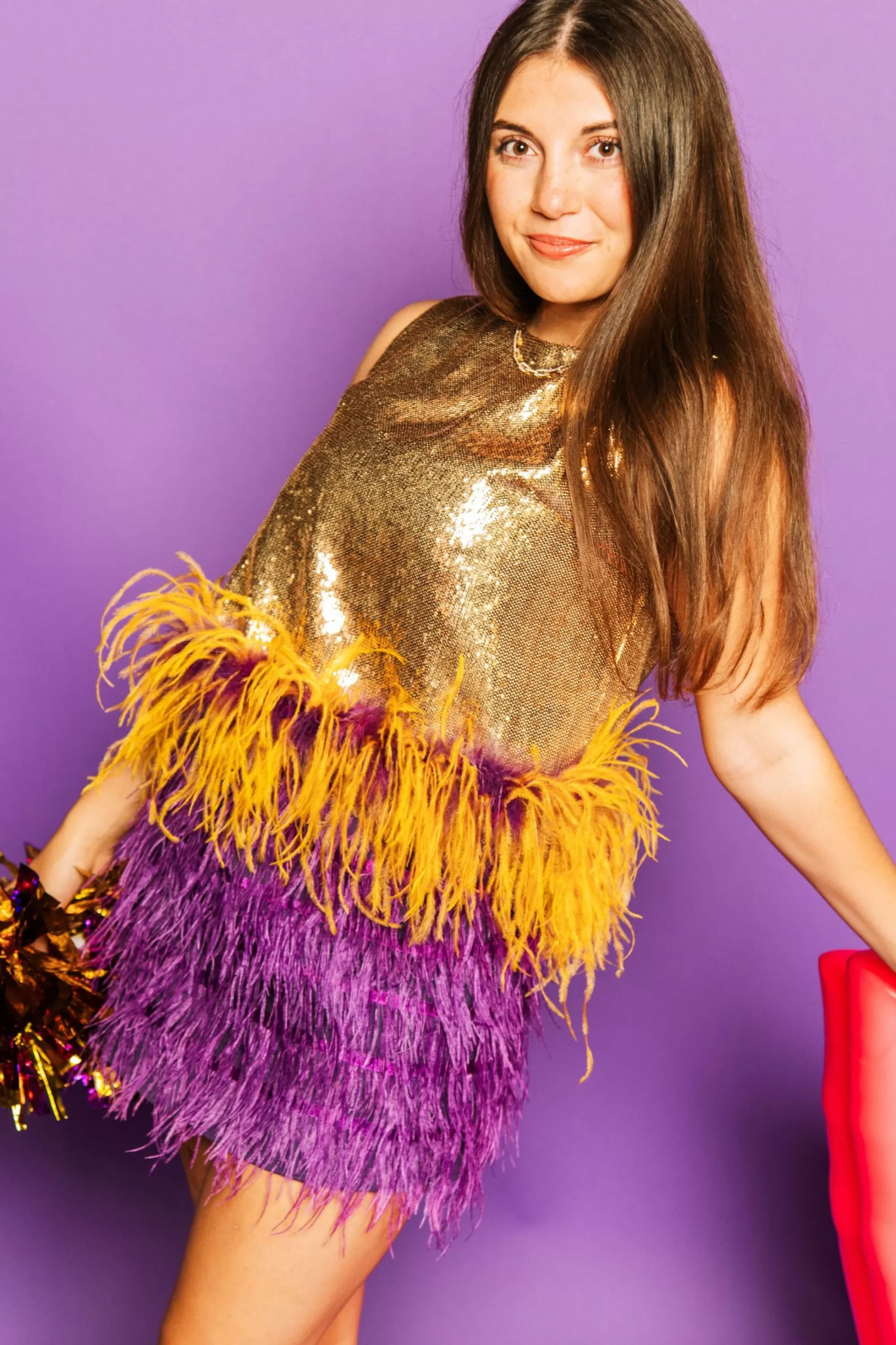 Queen Of Sparkles Gold Sequin Purple/Gold Feather Tank