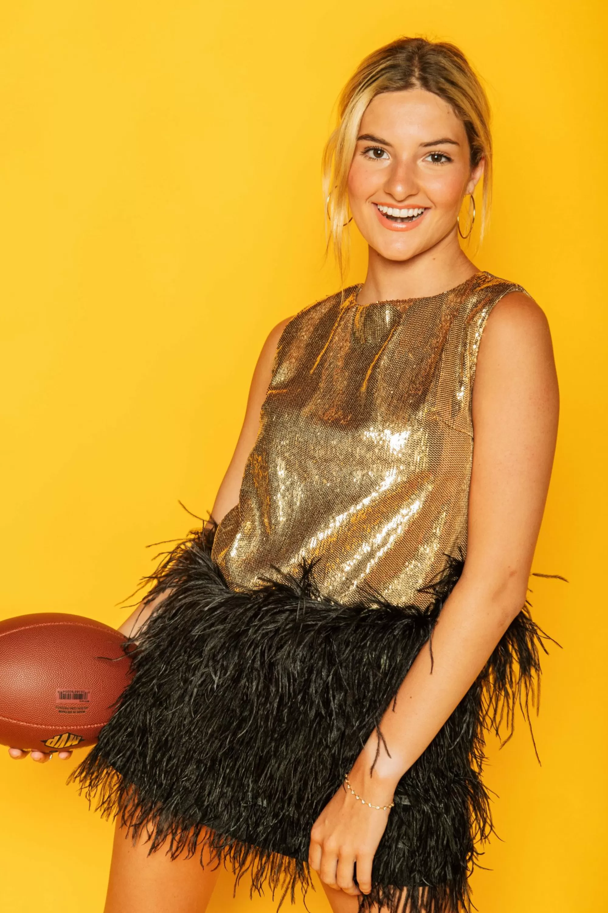 Queen Of Sparkles Gold Sequin Tank With Black Feathers