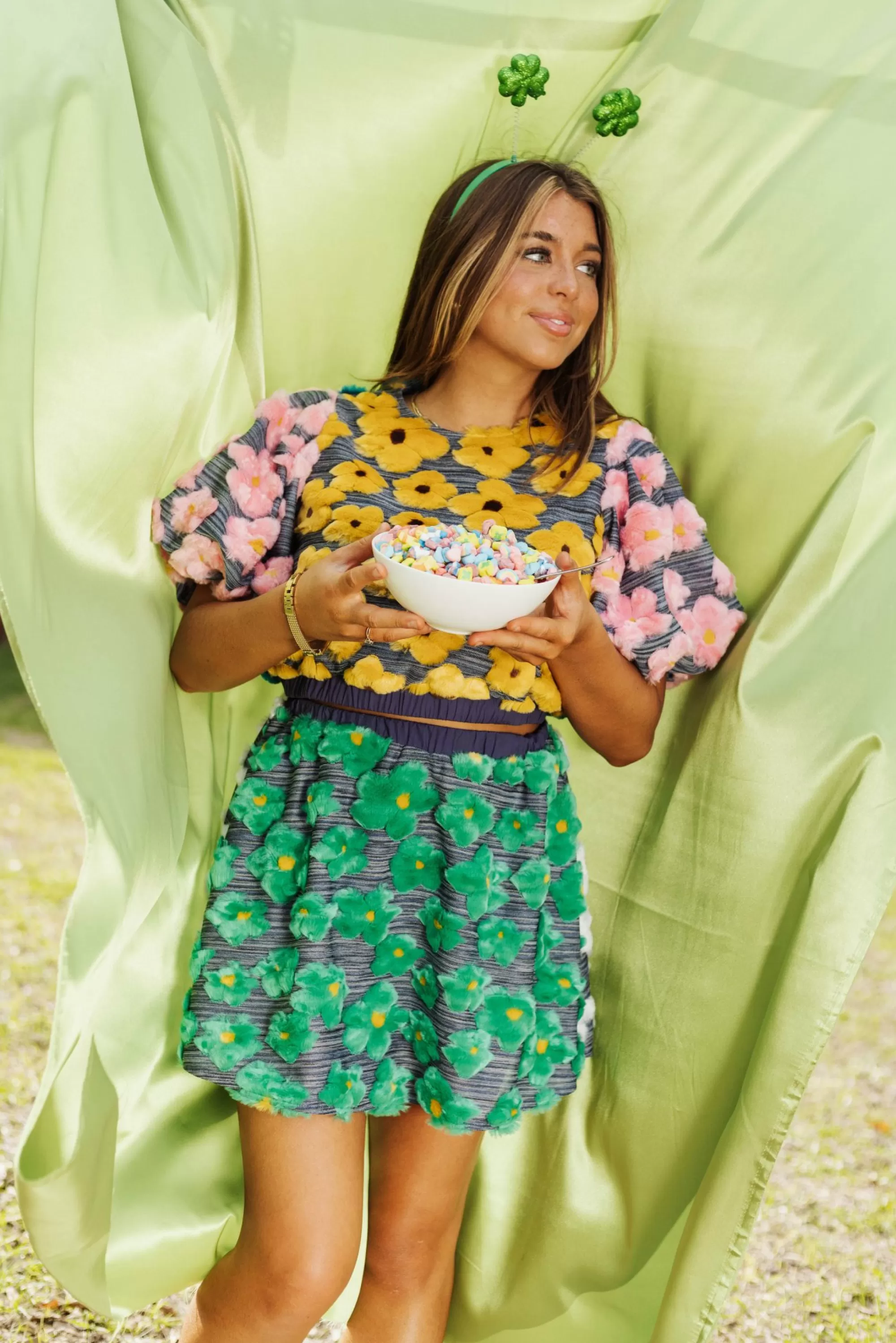 Queen Of Sparkles Green Colorblock Flower Fur Skirt