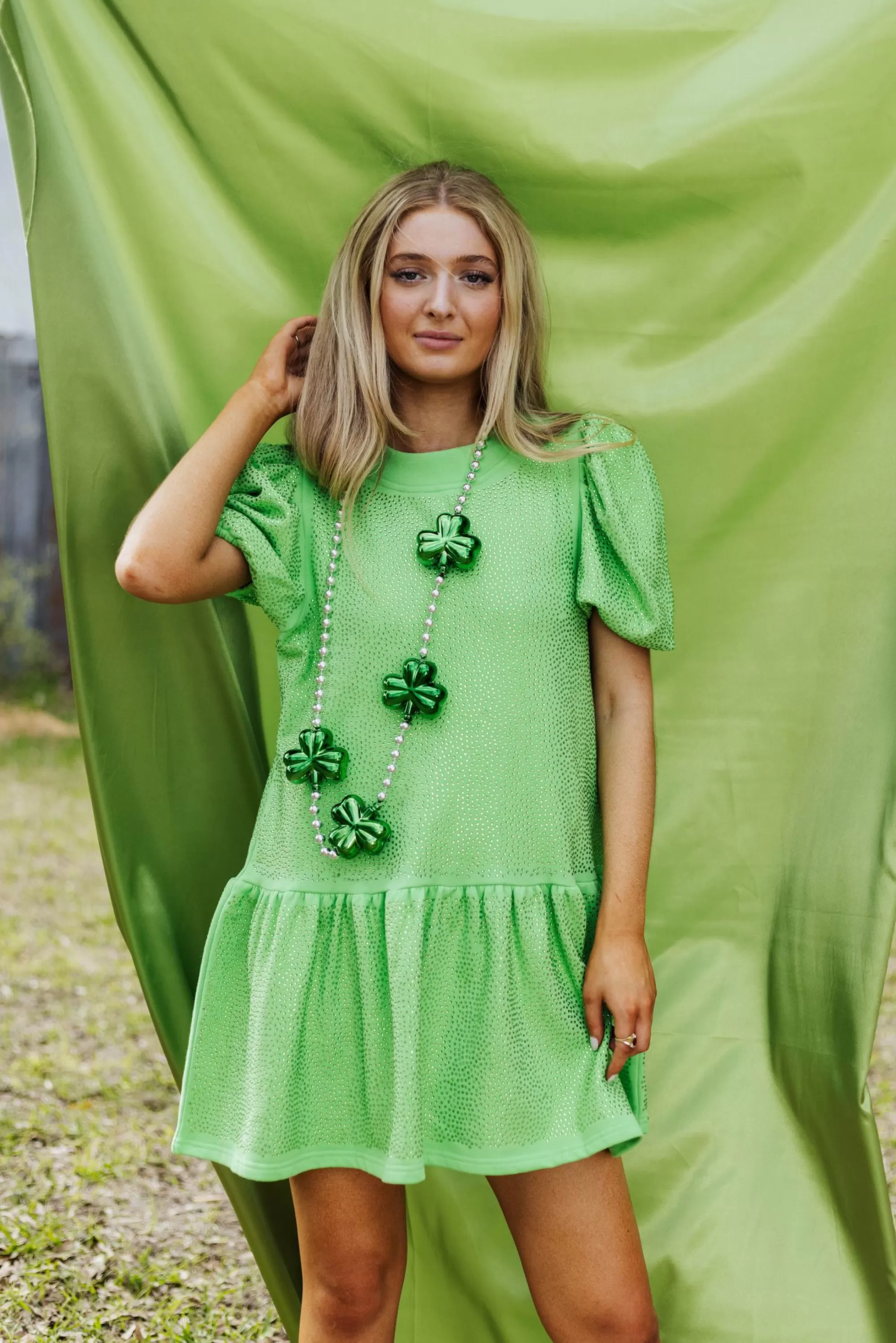 Queen Of Sparkles Green Full Rhinestone Baby Doll Dress