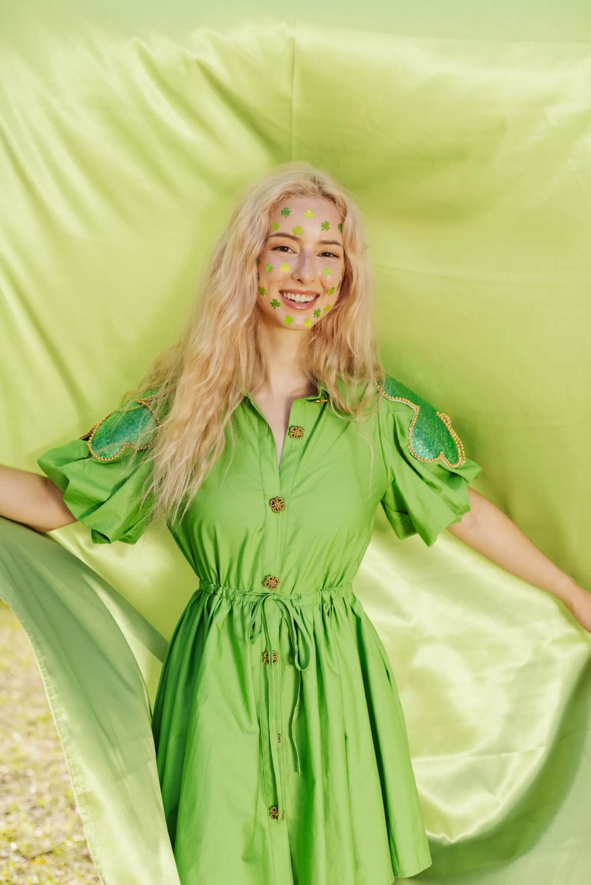 Queen Of Sparkles Green Shamrock Poof Sleeve Dress