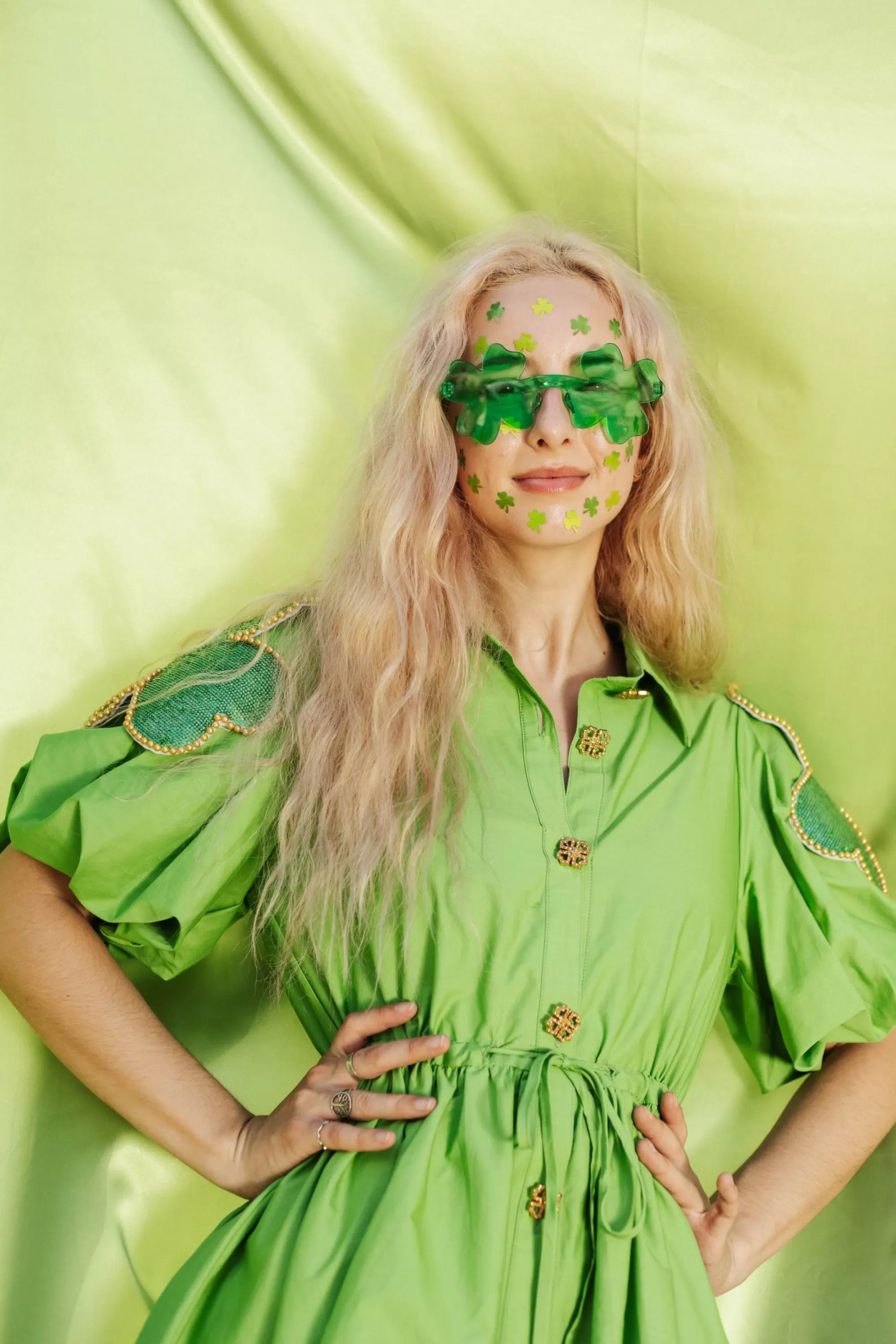 Queen Of Sparkles Green Shamrock Poof Sleeve Dress