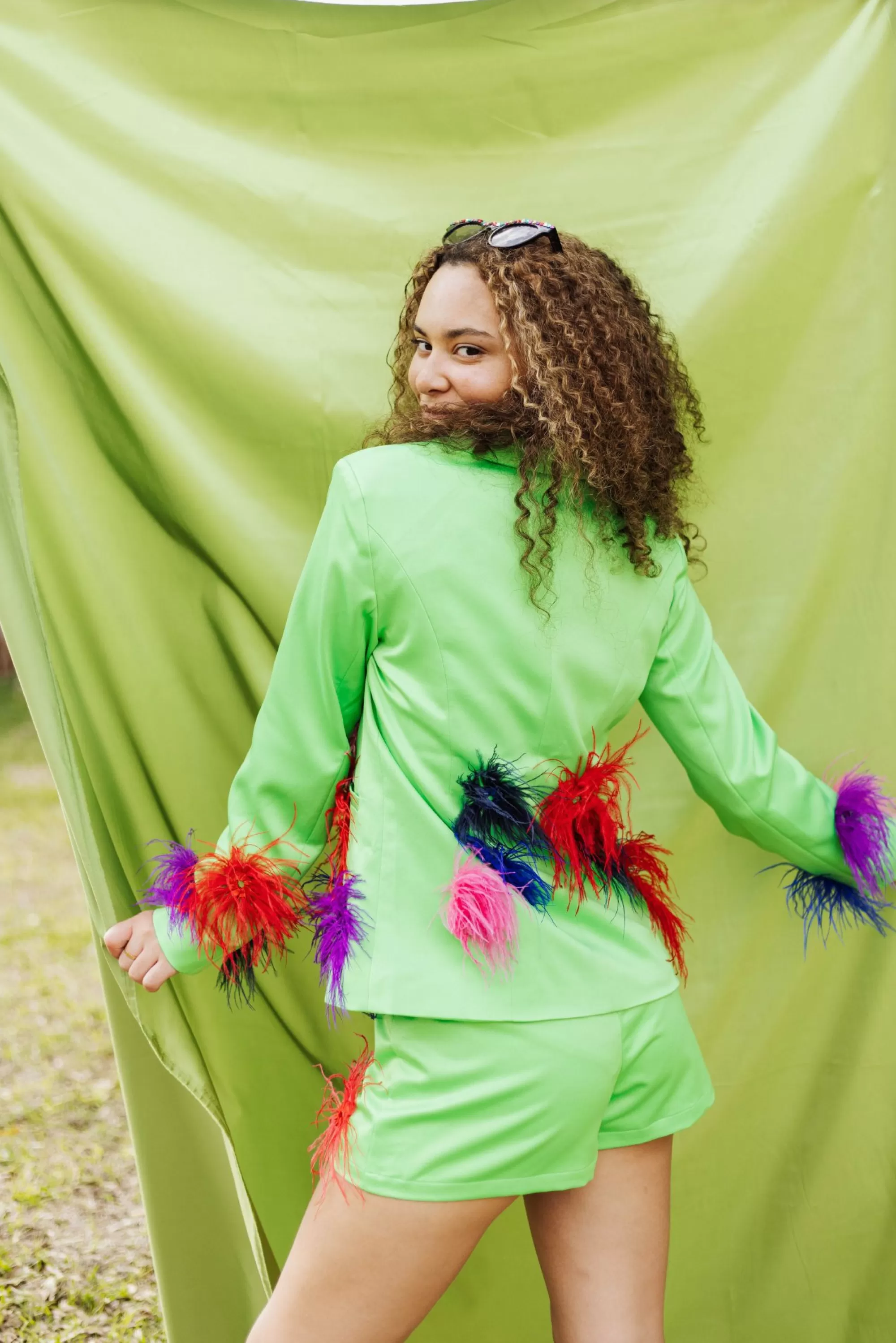 Queen Of Sparkles Green Silk Feather Blazer