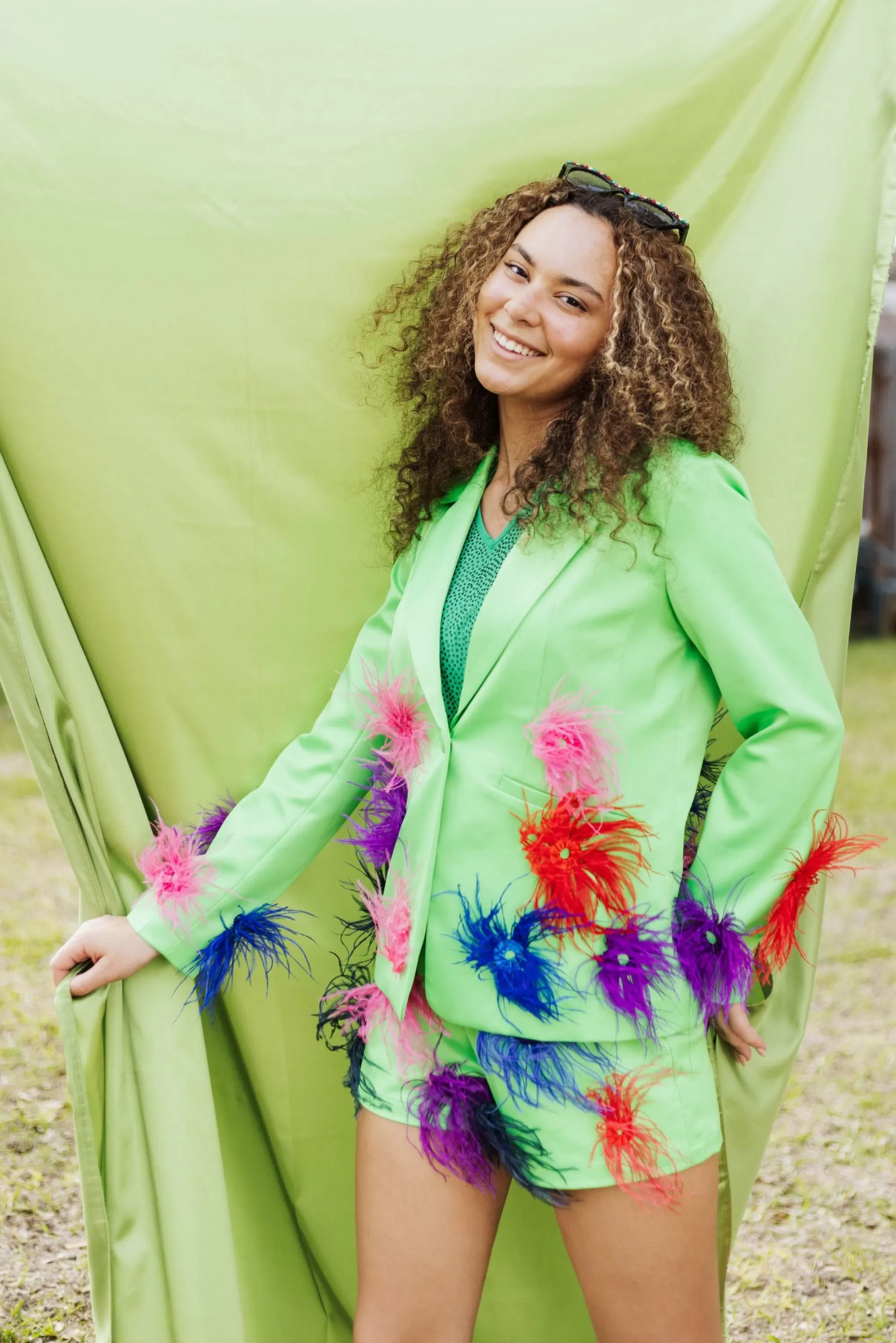 Queen Of Sparkles Green Silk Feather Short