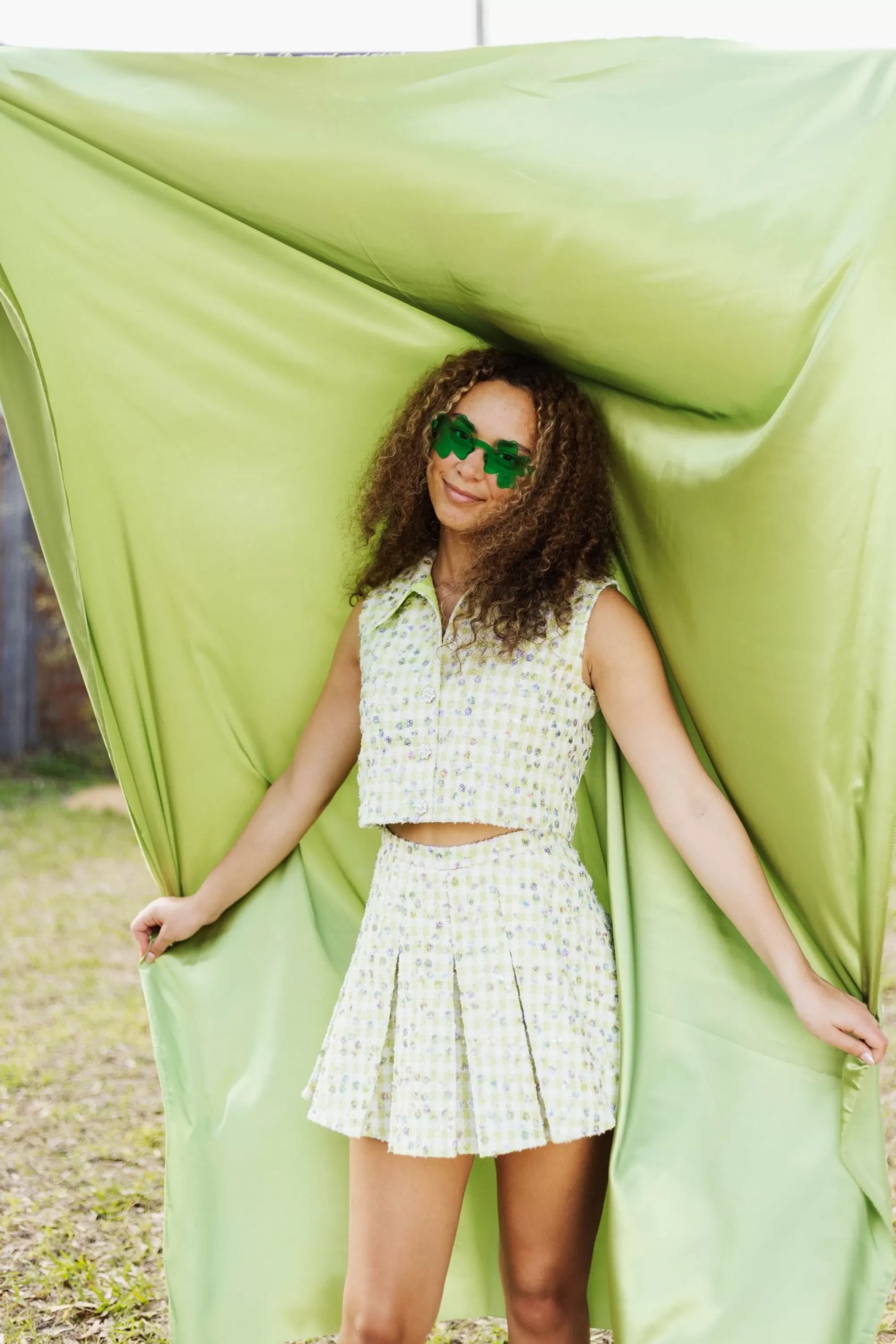 Queen Of Sparkles Green Tweed Sleeveless Collar Tank