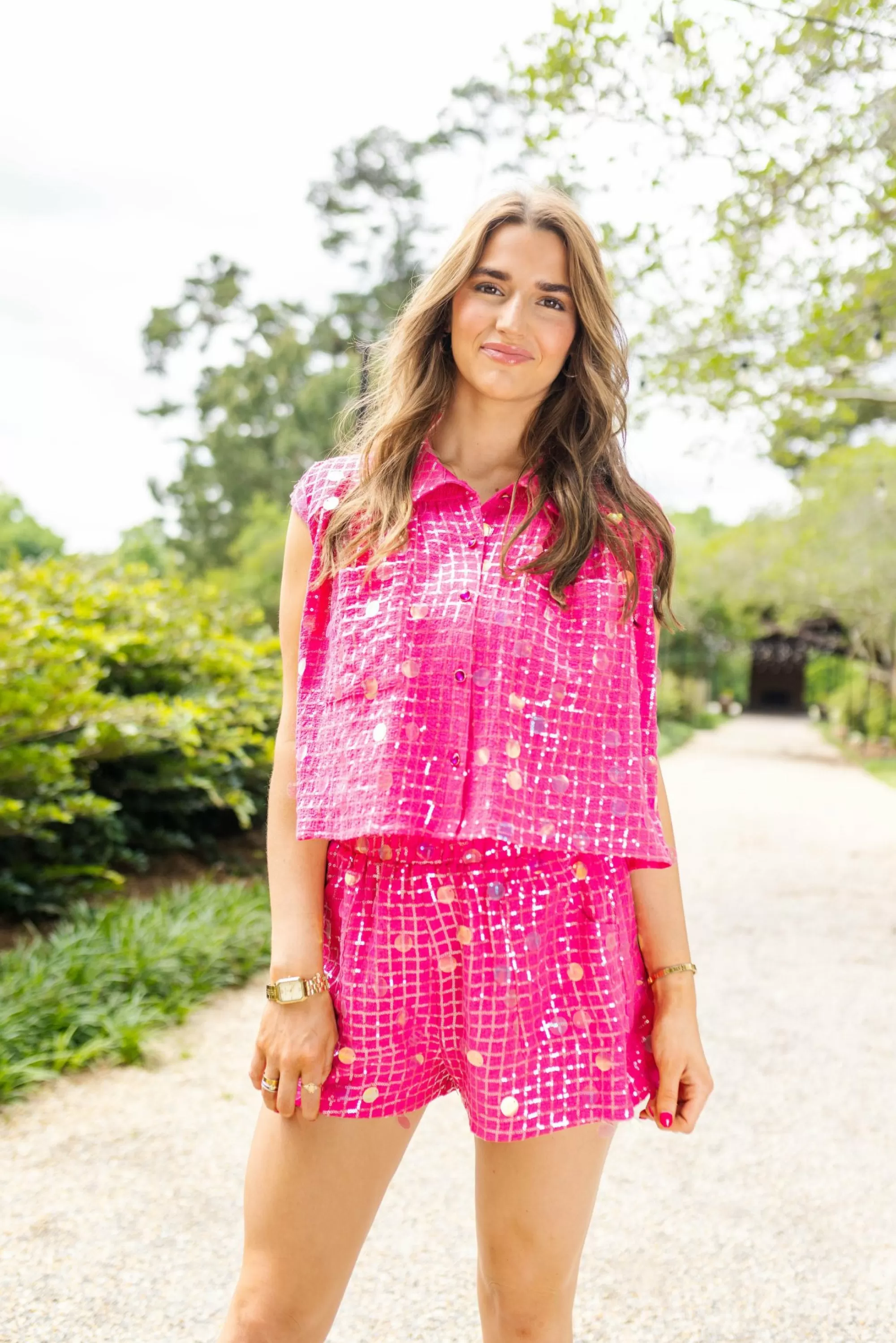 Queen Of Sparkles Hot Pink Checker Pailette Short