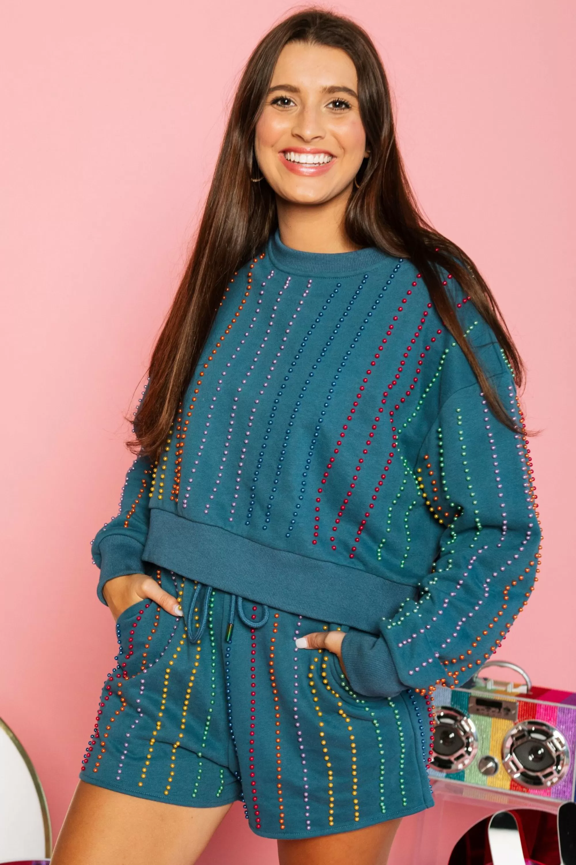 Queen Of Sparkles Indigo & Rainbow Pearl Stripe Sweatshirt