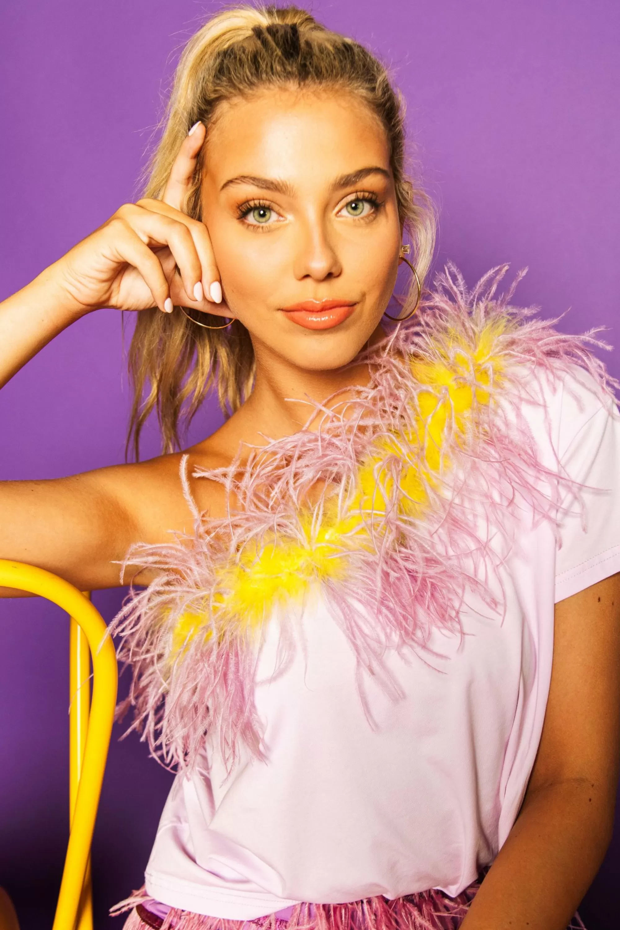 Queen Of Sparkles Lavender & Yellow One Shoulder Feather Tee