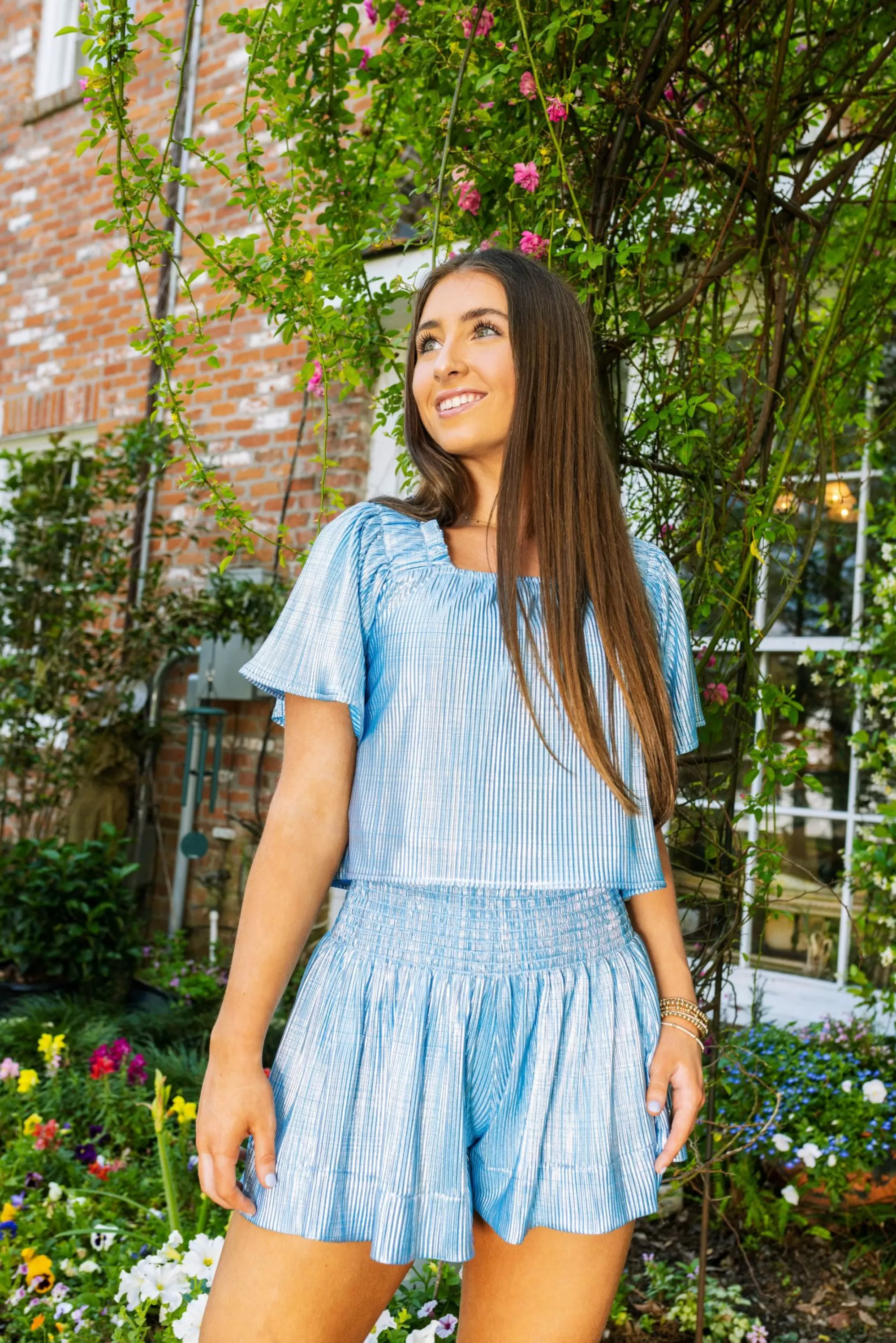 Queen Of Sparkles Light Blue & Silver Ribbed Flutter Top