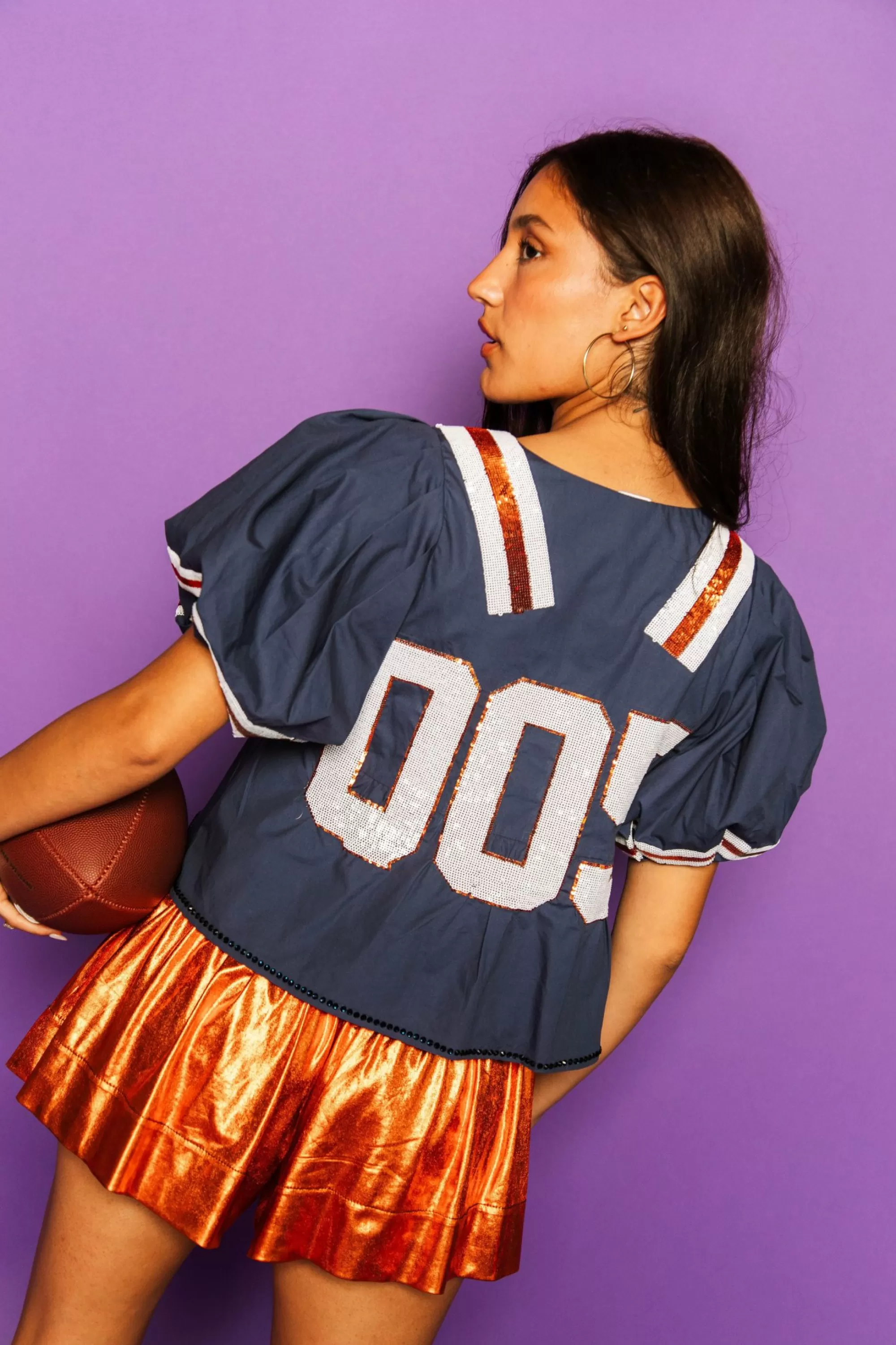 Queen Of Sparkles Navy & Orange Qos Jersey Peplum Top