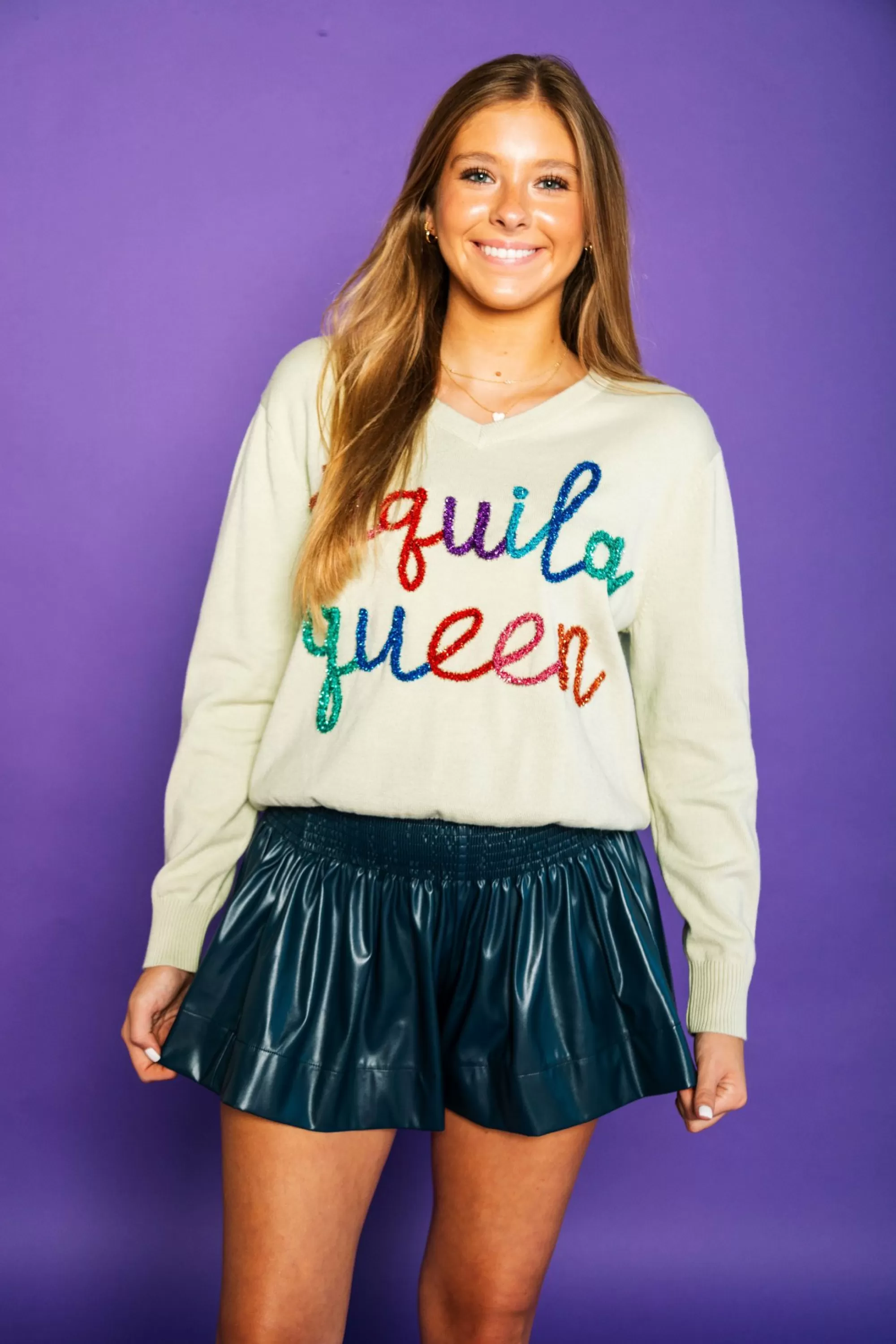 Queen Of Sparkles Navy Leather Swing Shorts