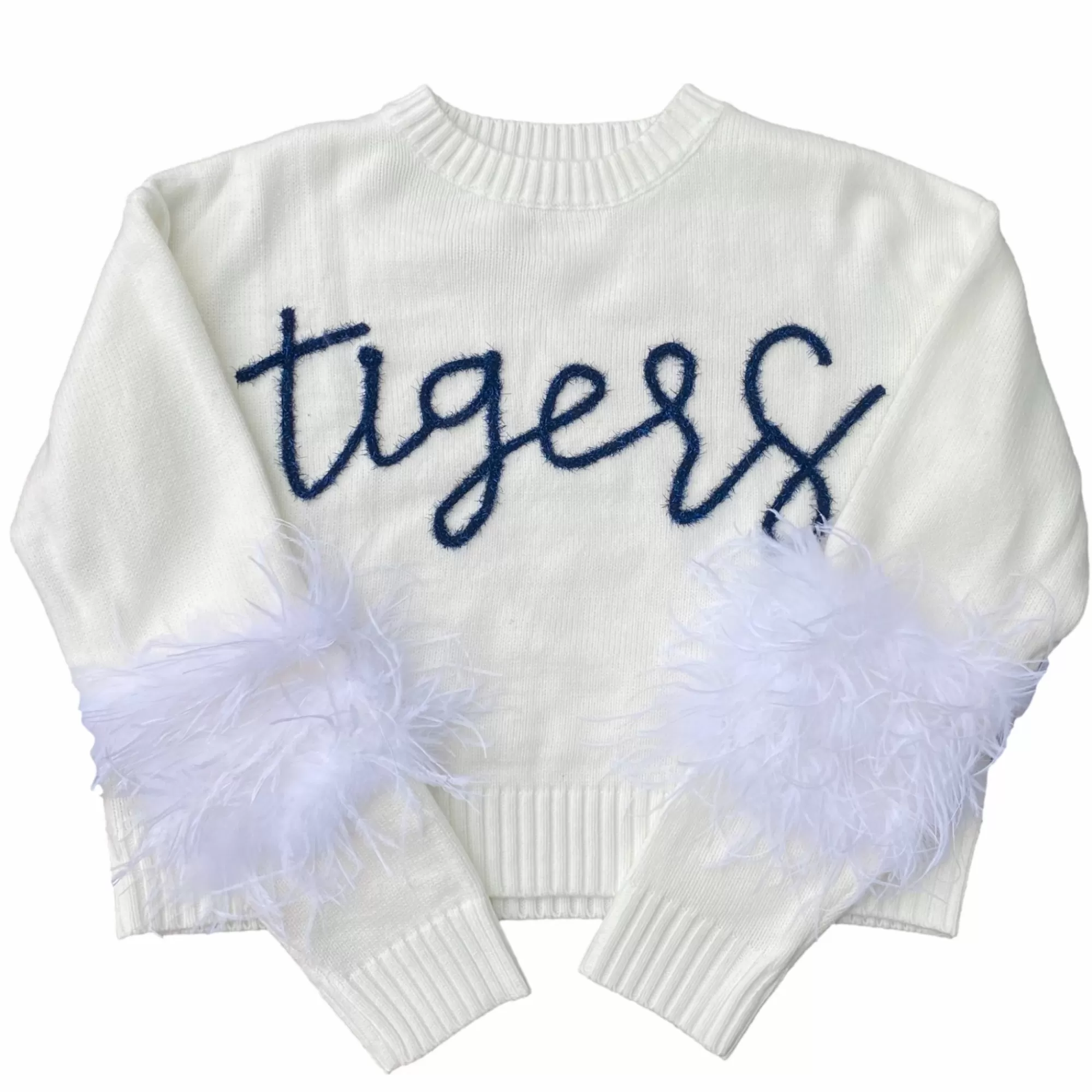 Queen Of Sparkles Navy "Tigers" Feather Sleeve Sweater