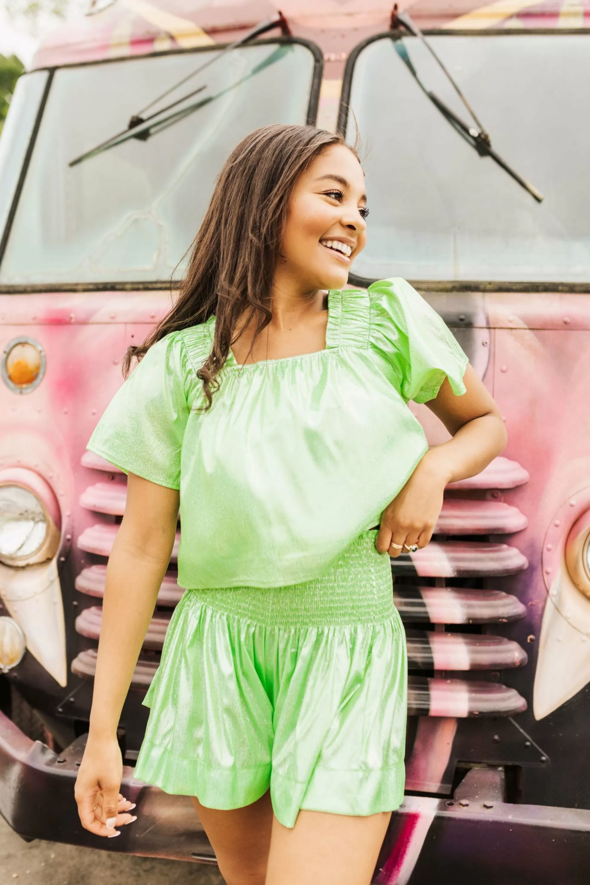 Queen Of Sparkles Neon Green Holo Stripe Swing Shorts