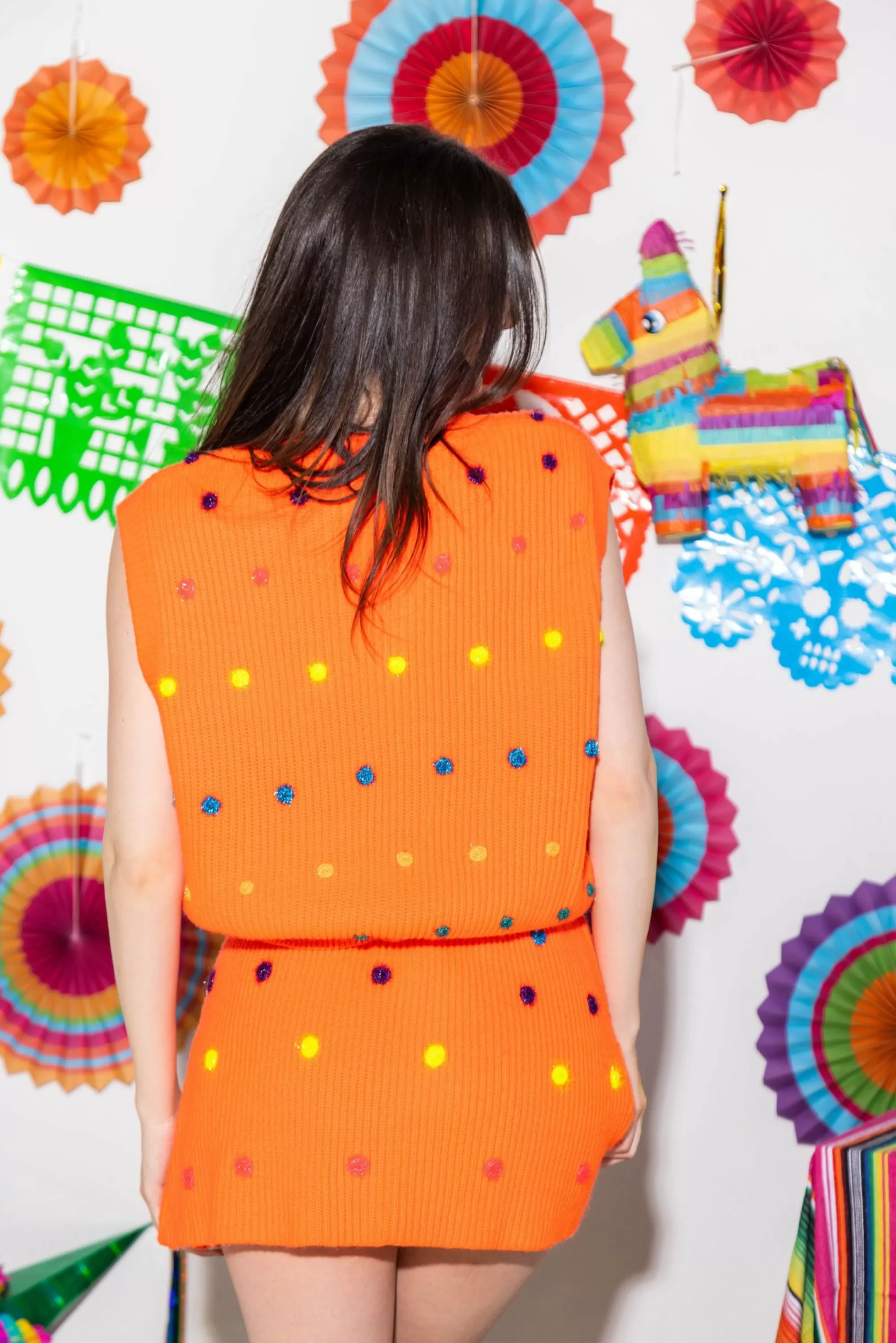 Queen Of Sparkles Neon Orange Polka Dot Sweater Tank