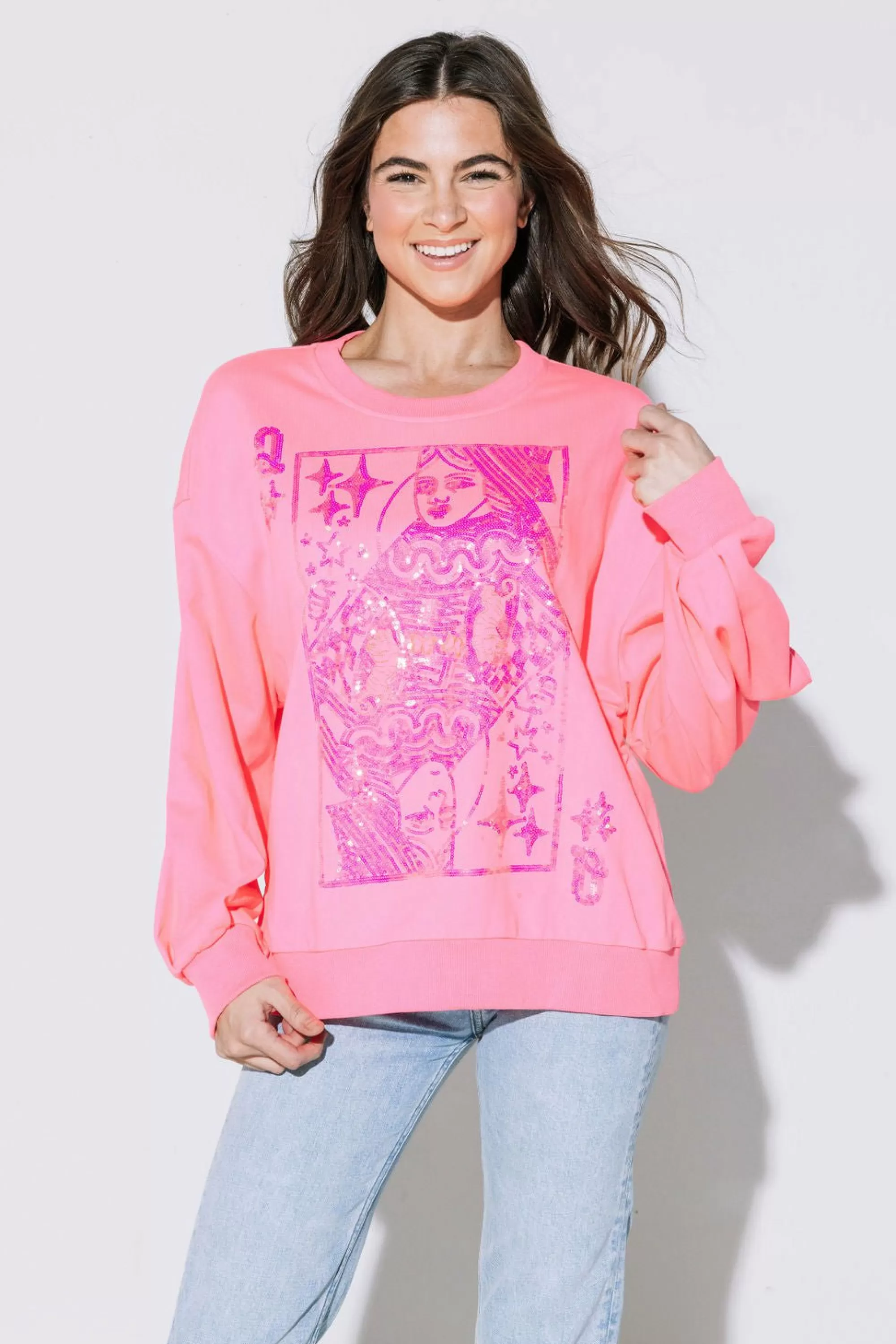 Queen Of Sparkles Neon Pink Qos Logo Card Sweatshirt