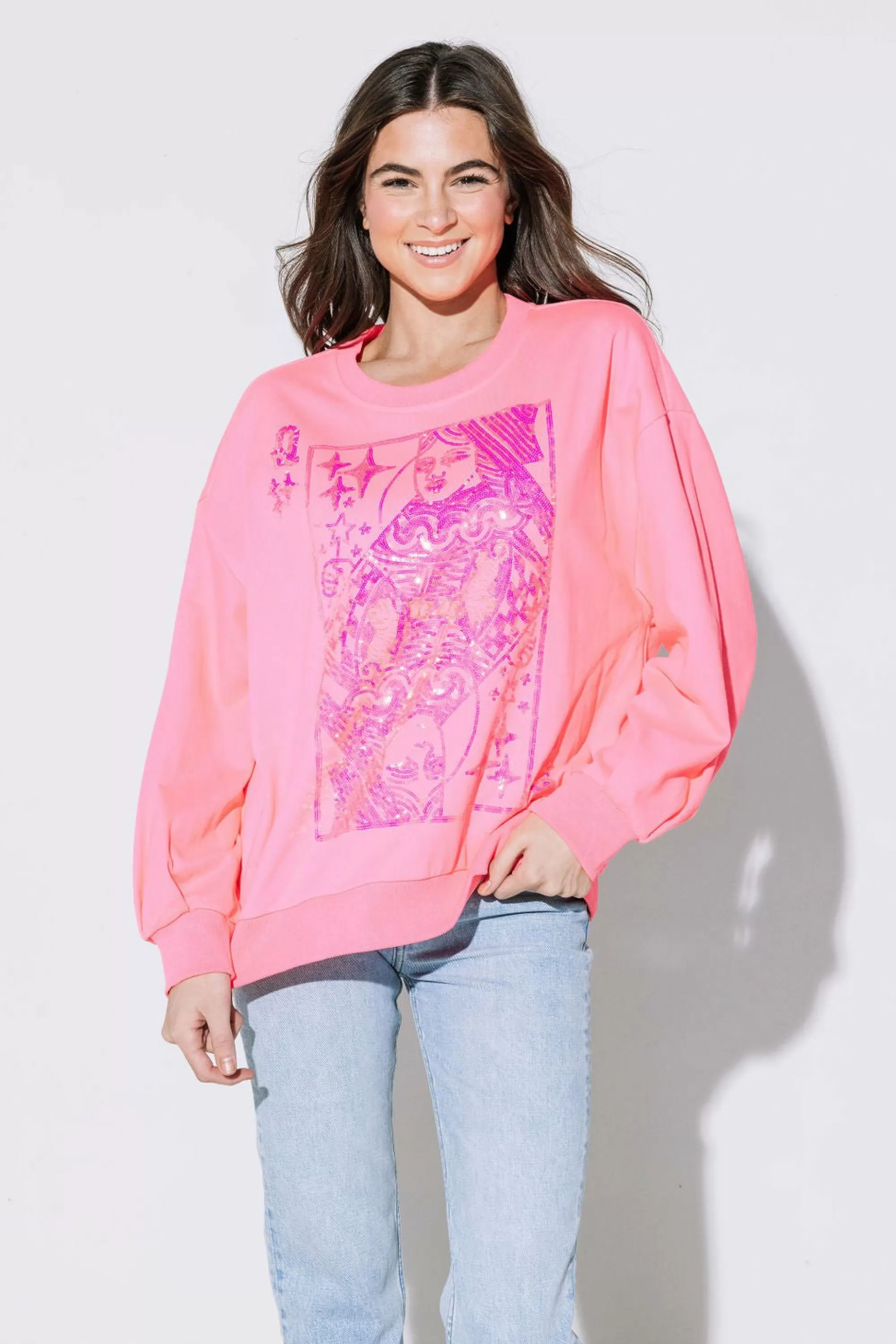 Queen Of Sparkles Neon Pink Qos Logo Card Sweatshirt