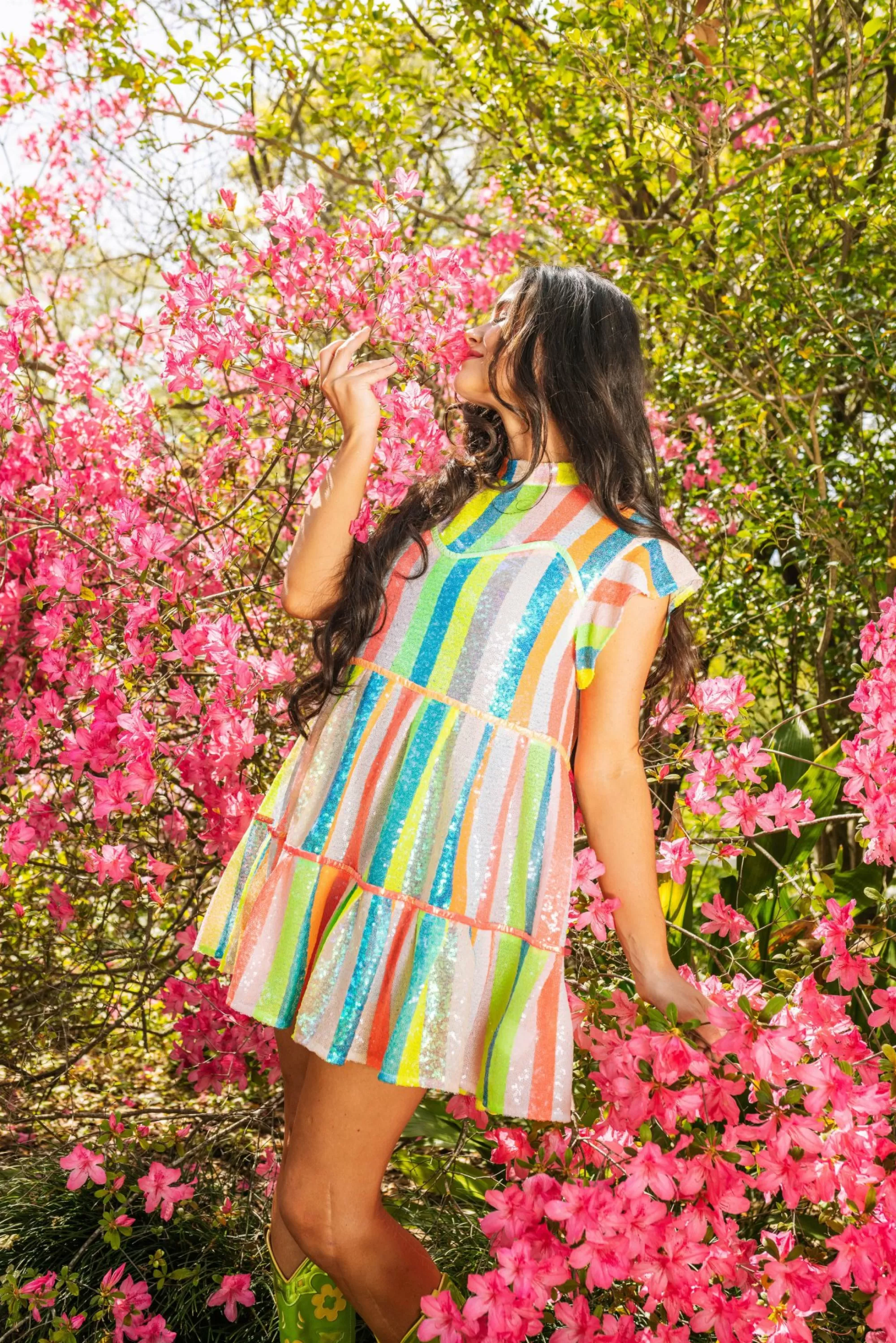 Queen Of Sparkles Neon Sequin Stripe Tiered Dress