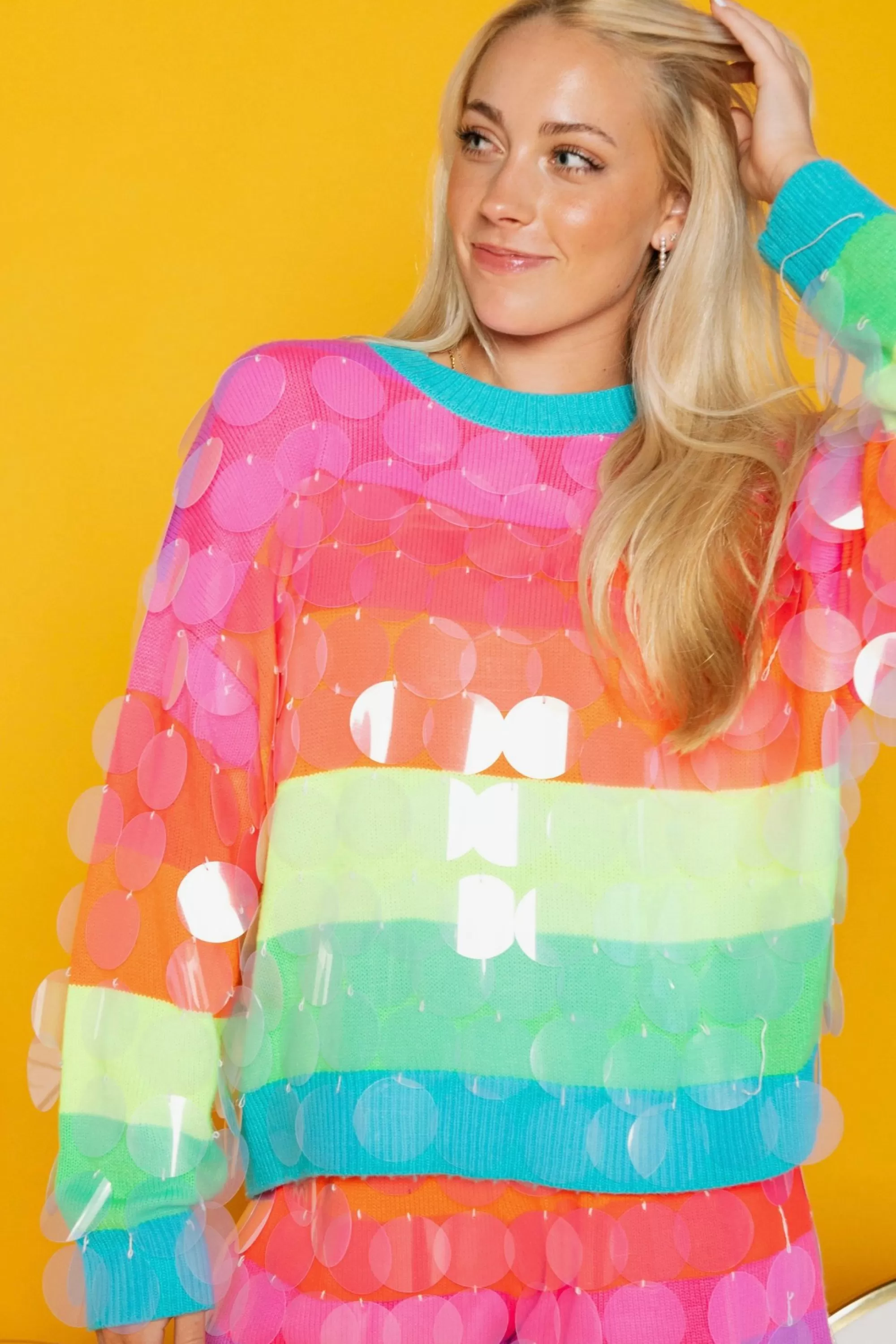 Queen Of Sparkles Neon Stripe Clear Sequin Sweater