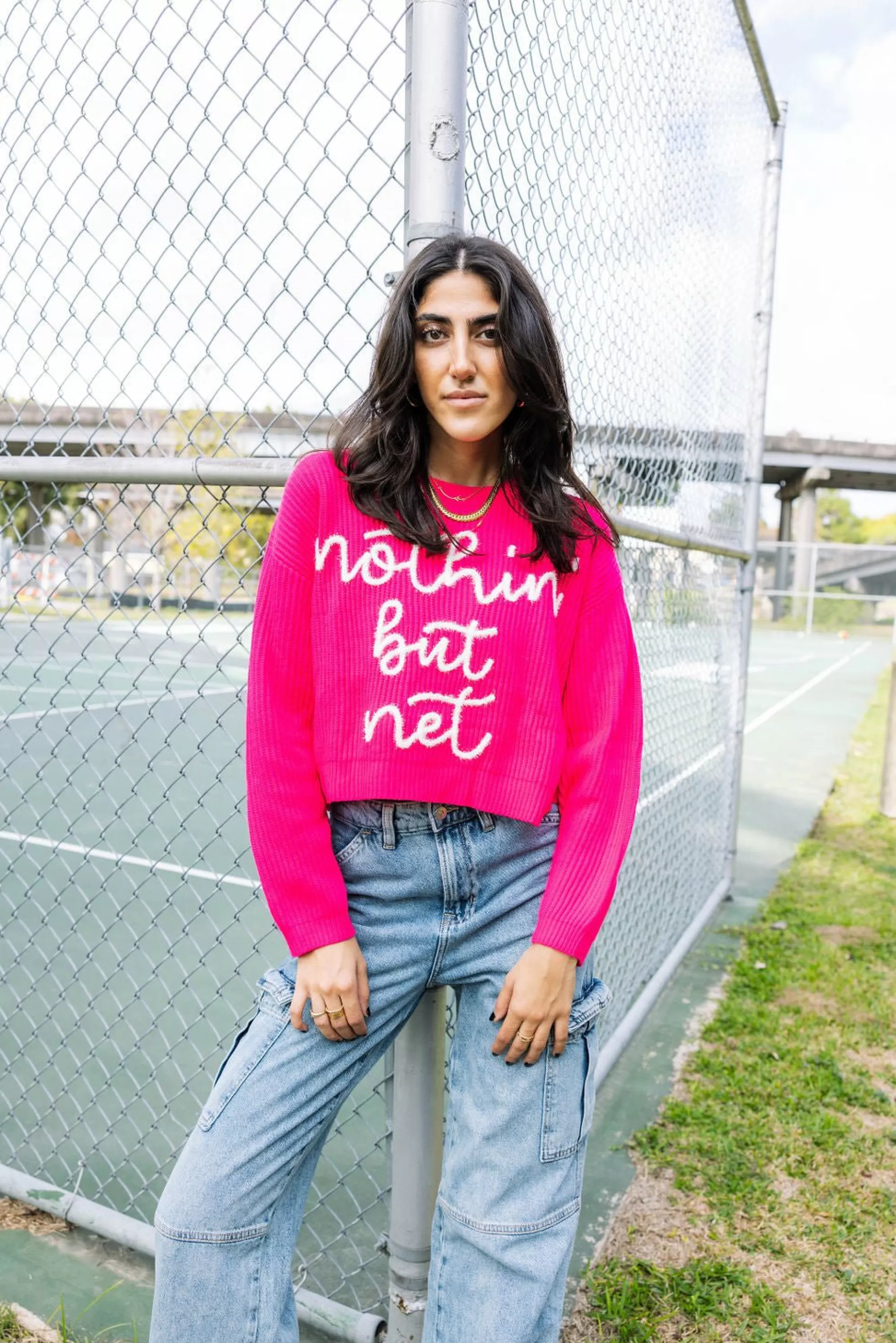 Queen Of Sparkles Nothin But Net' Glitter Script Sweater