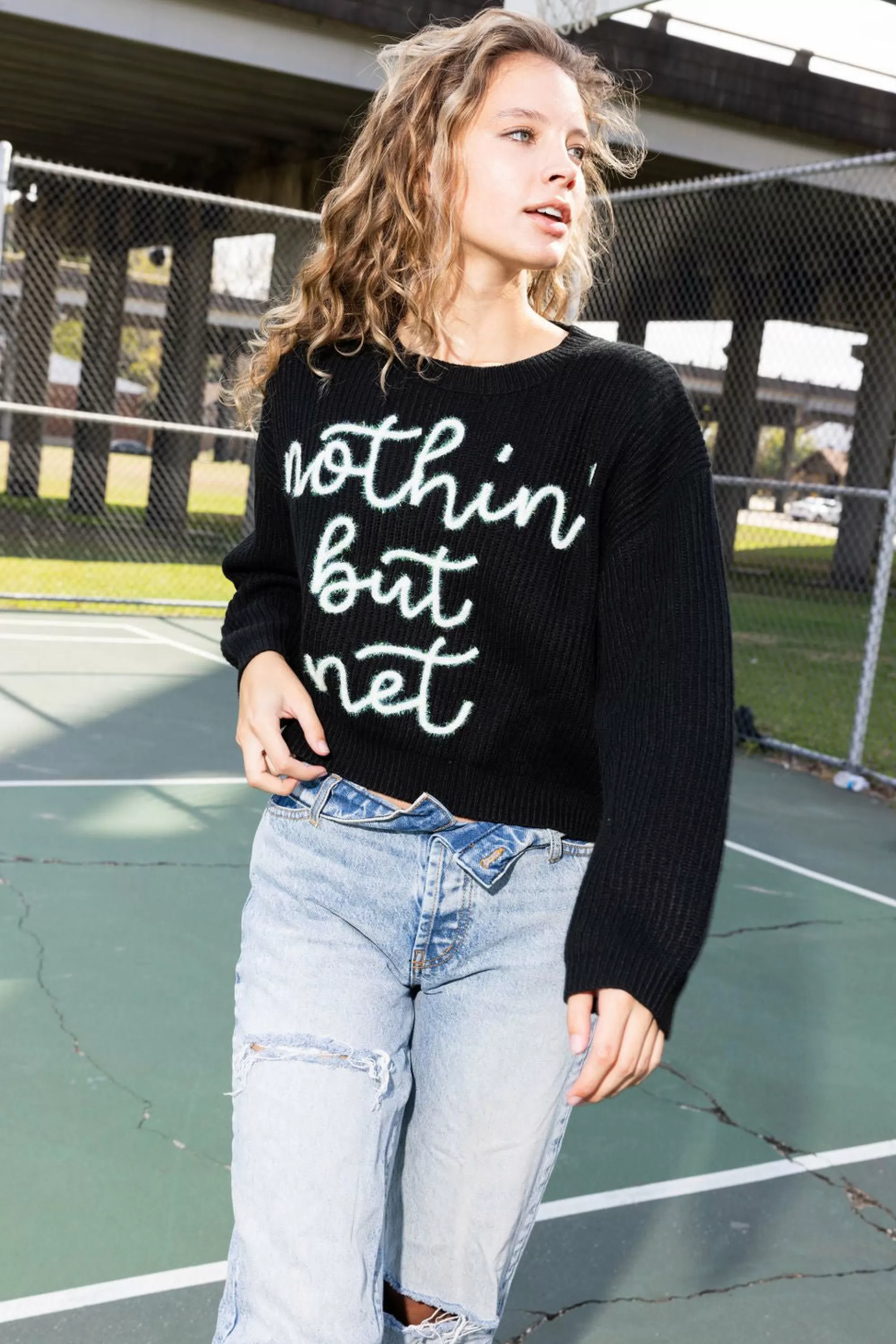 Queen Of Sparkles Nothin But Net' Glitter Script Sweater