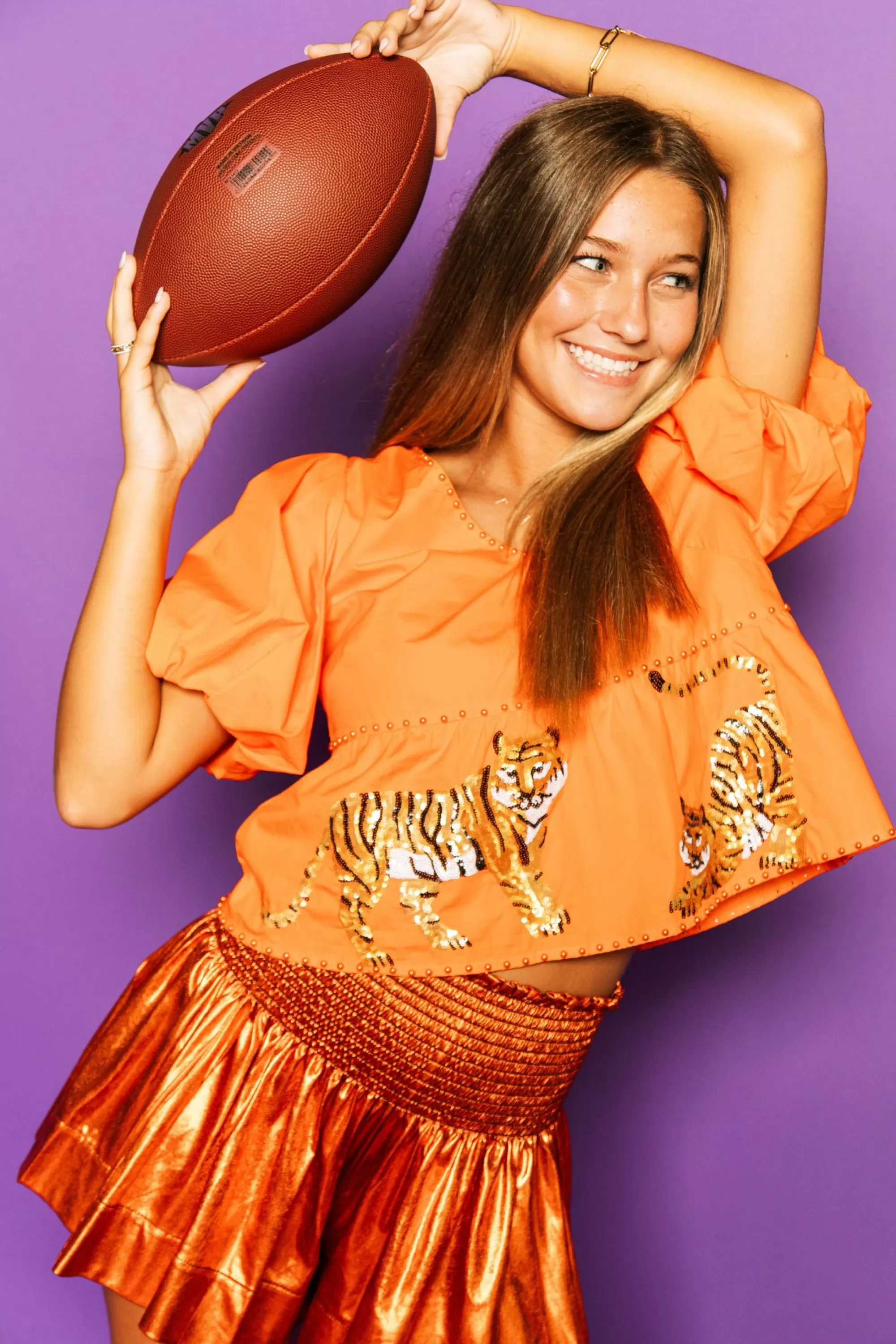 Queen Of Sparkles Orange Peplum Poof Sleeve Top With Tigers