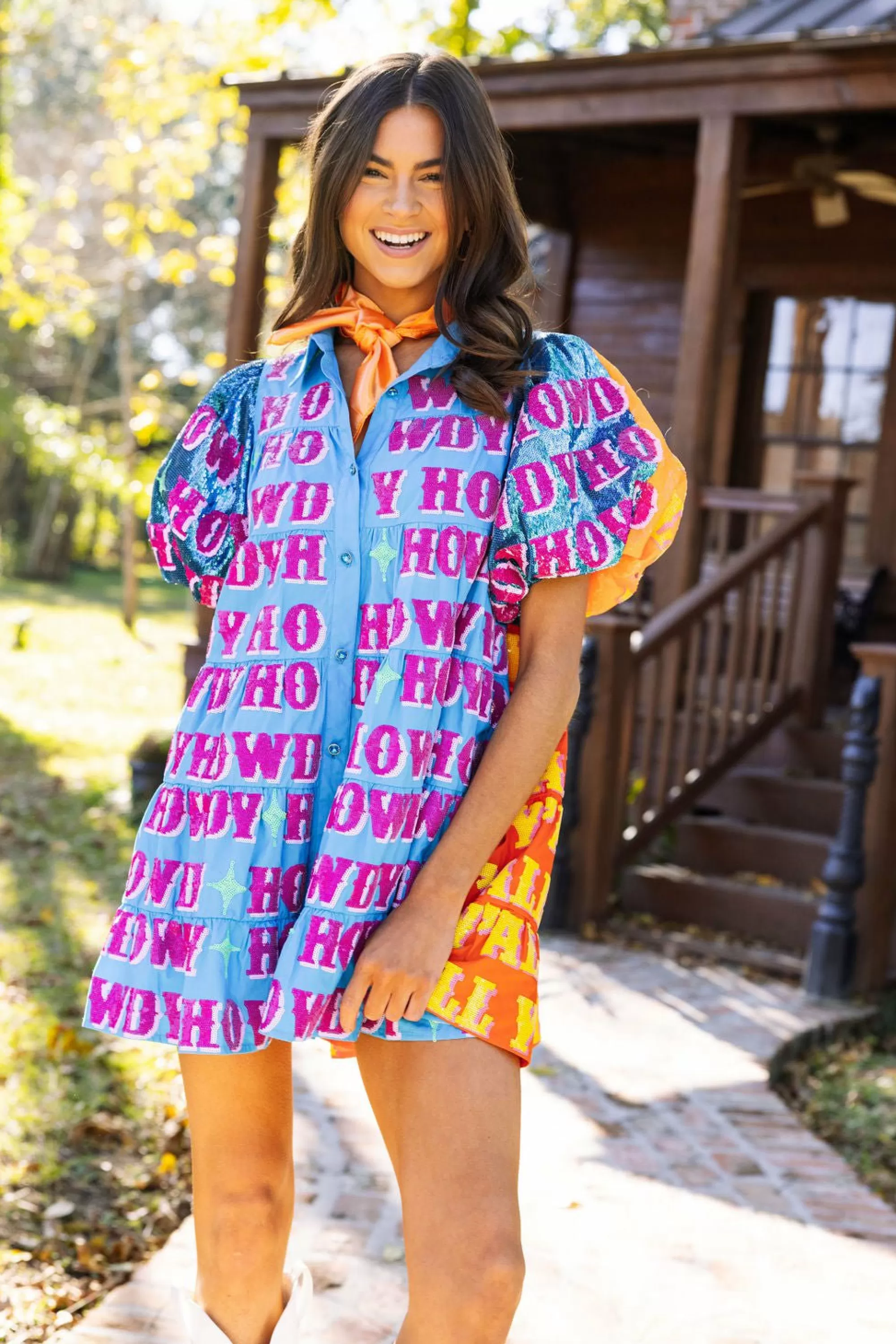 Queen Of Sparkles Orange Sequin Sleeve Howdy Tiered Dress