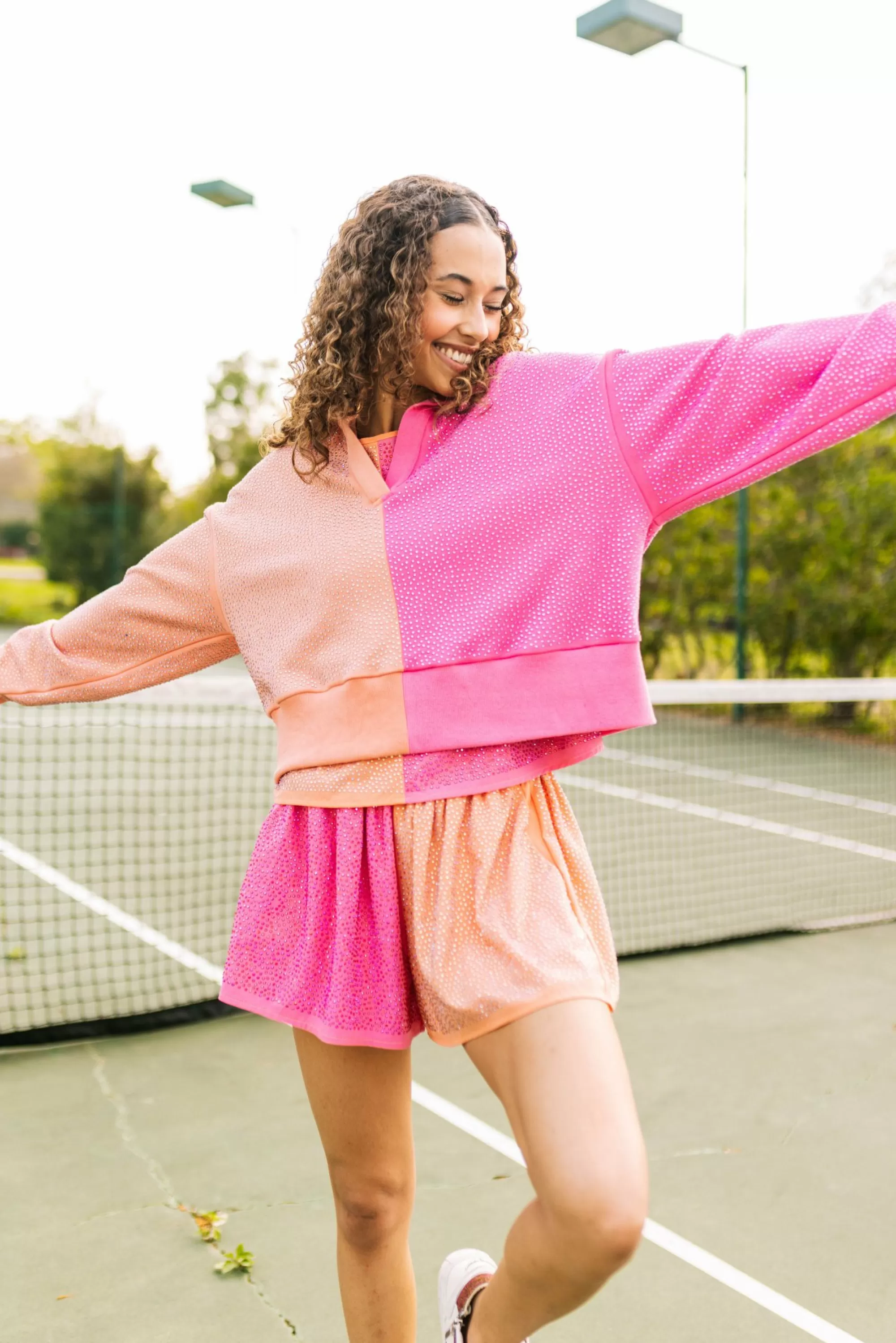 Queen Of Sparkles Pale Orange & Coral Rhinestone Polo Sweatshirt