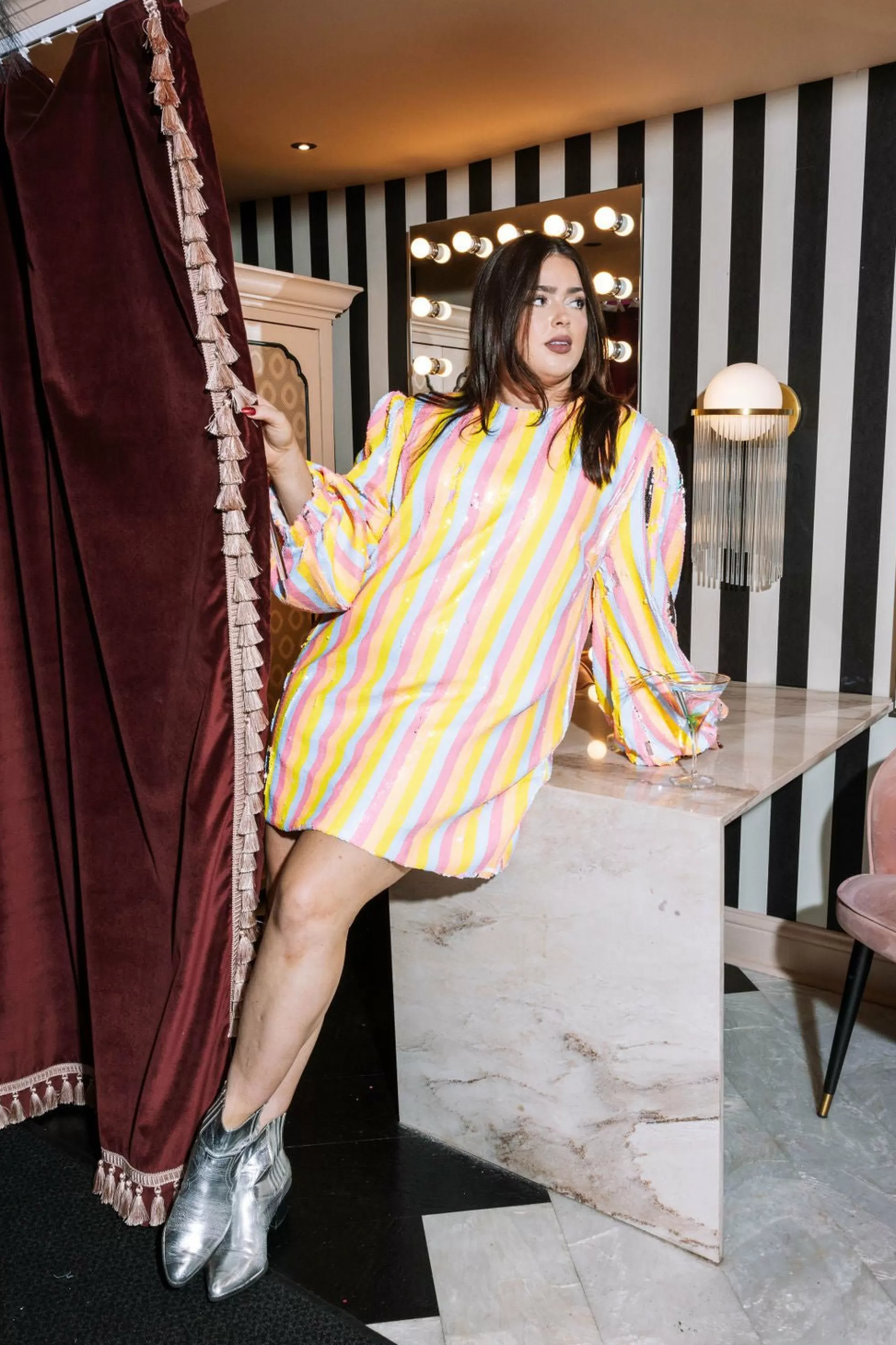 Queen Of Sparkles Pastel Sequin Stripe Long Sleeve Dress