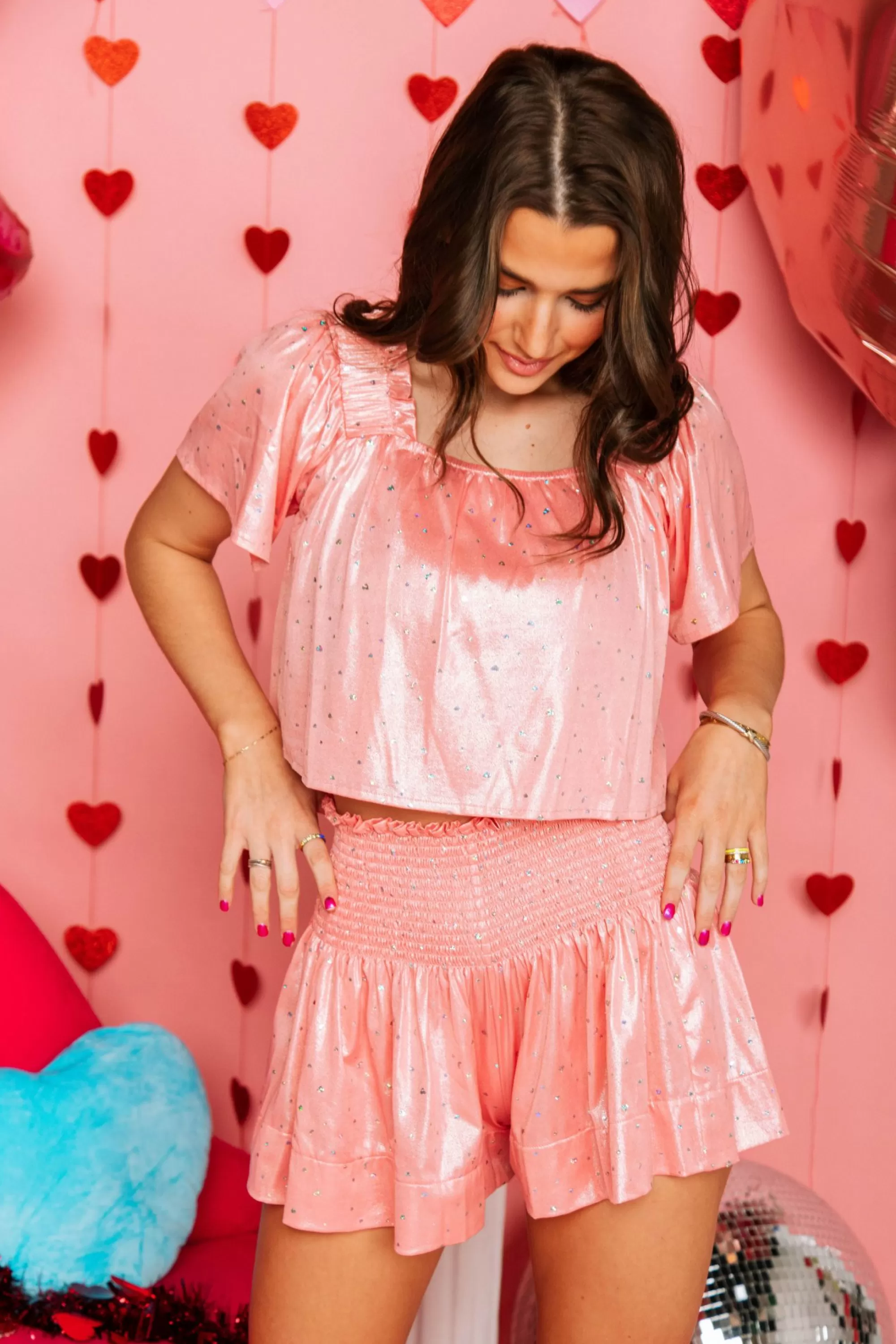 Queen Of Sparkles Peach Glitter Hearts Flutter Top