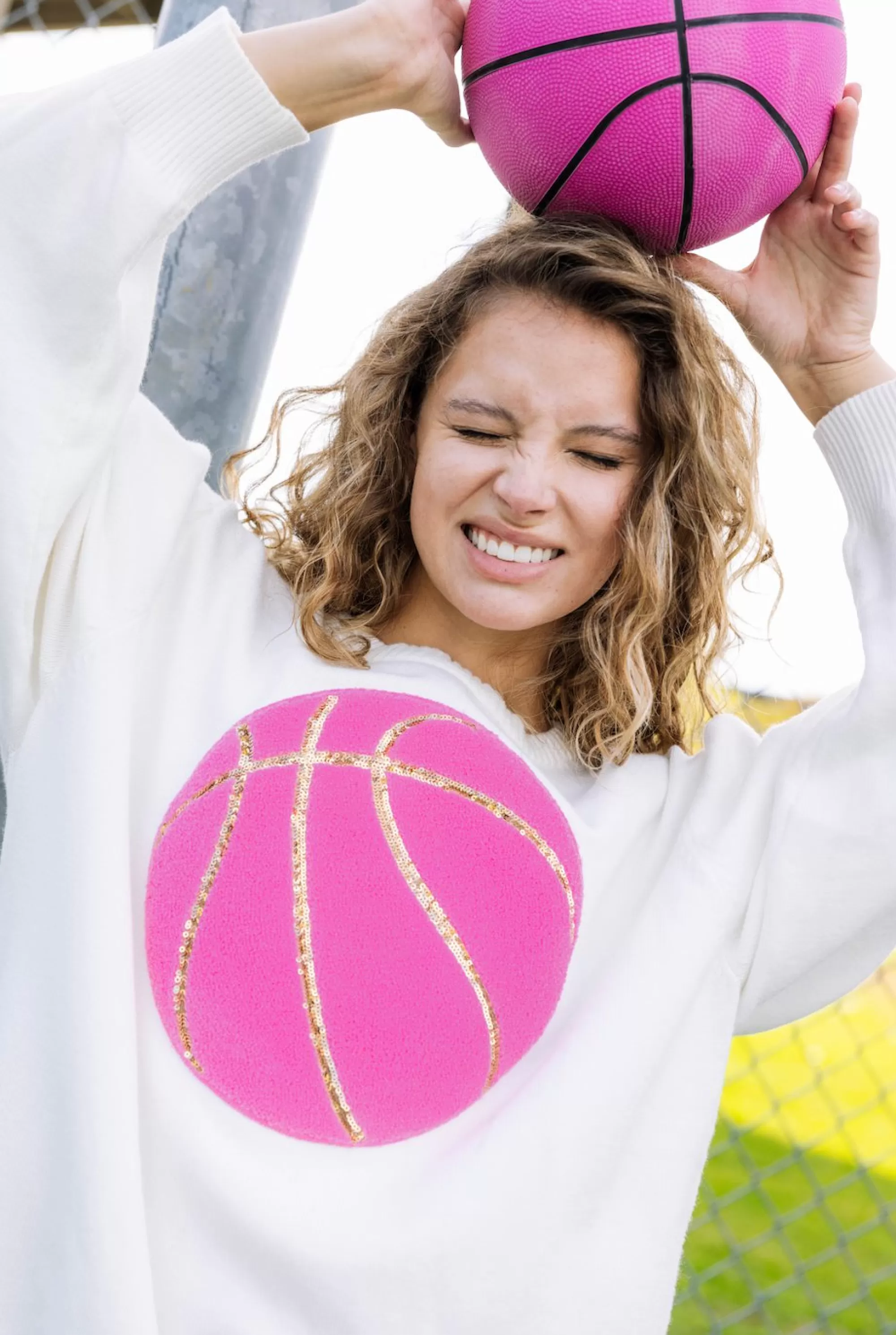 Queen Of Sparkles Pink Fuzzy Basketball Sweater