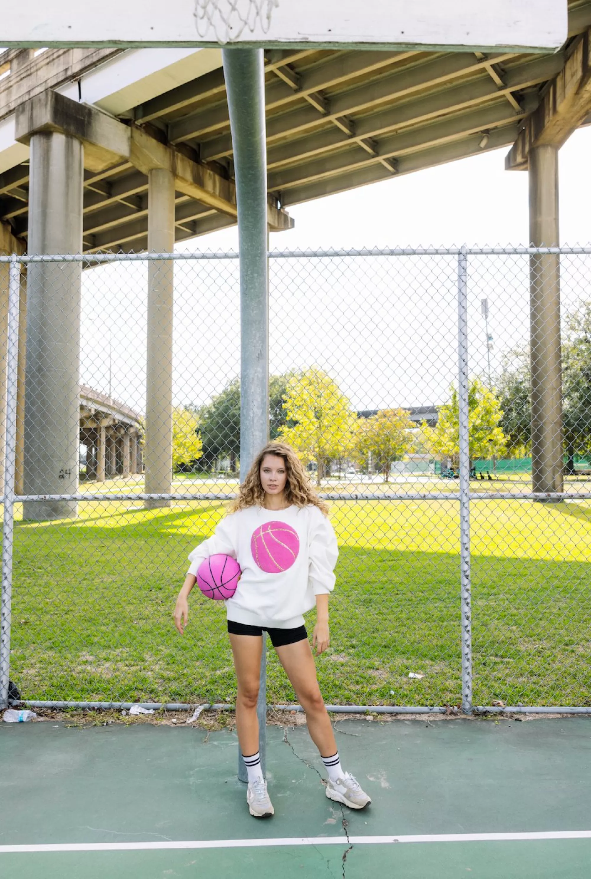 Queen Of Sparkles Pink Fuzzy Basketball Sweater