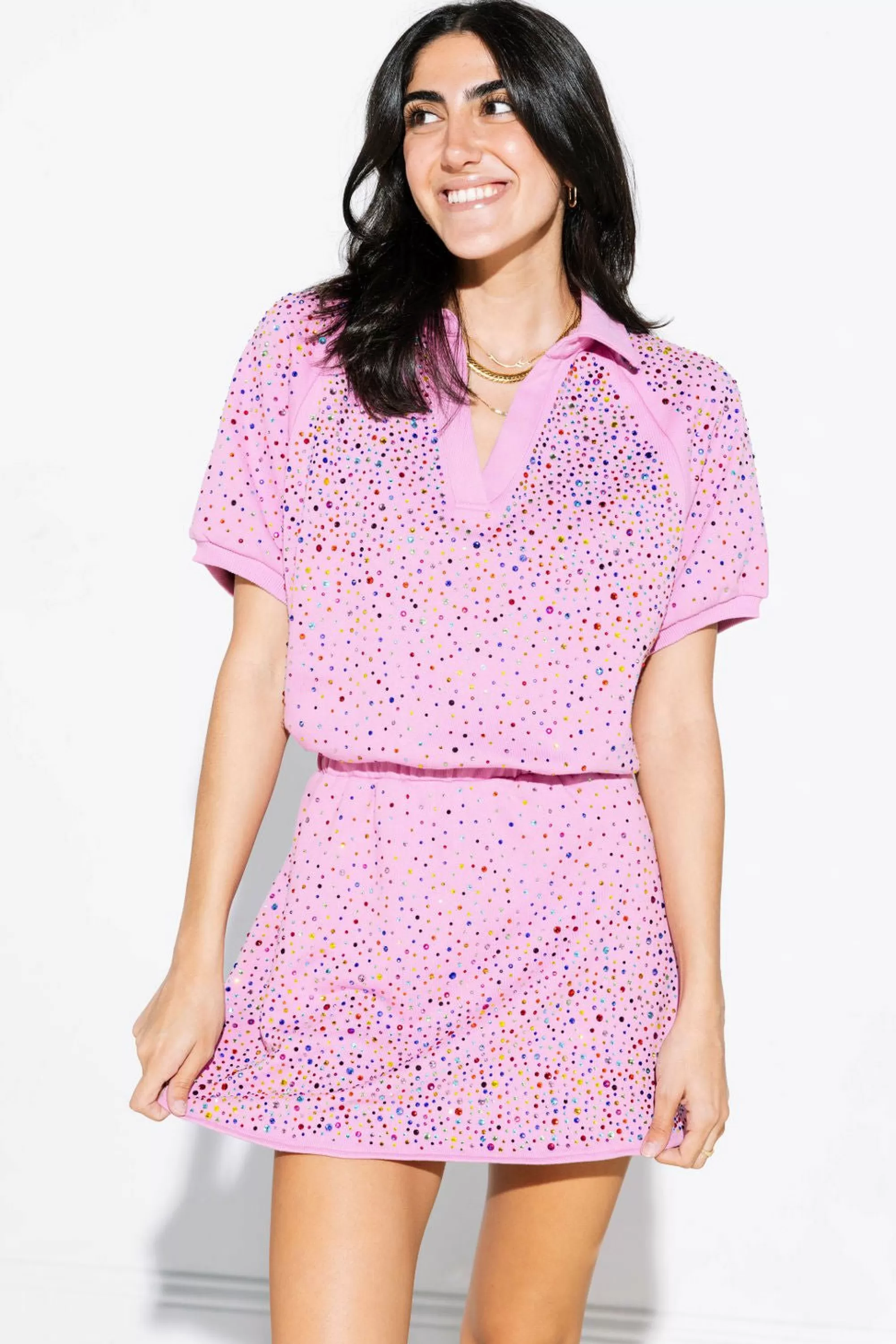 Queen Of Sparkles Pink Scattered Rhinestone Collar Dress