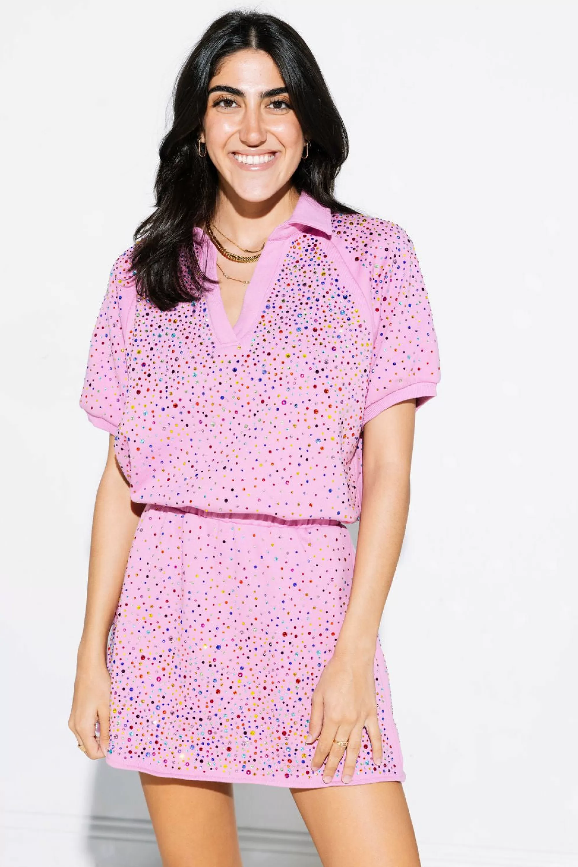 Queen Of Sparkles Pink Scattered Rhinestone Collar Dress