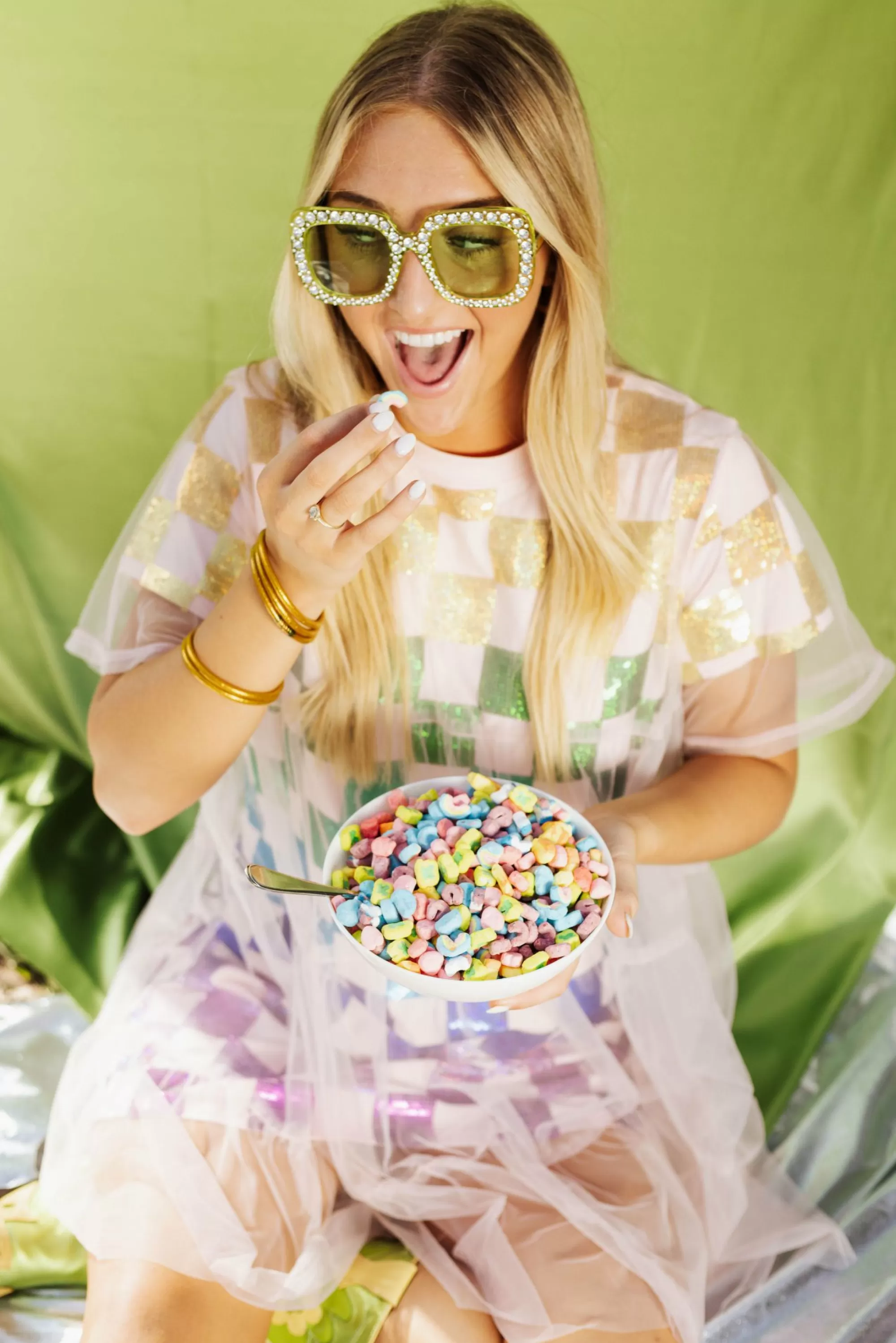 Queen Of Sparkles Rainbow Checkered Mesh Overlay Tee Dress